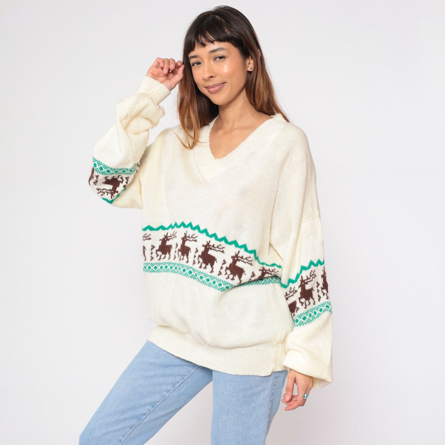 70s Elk Print Cream Knit V-Neck Sweater Striped Animal Pullover Large