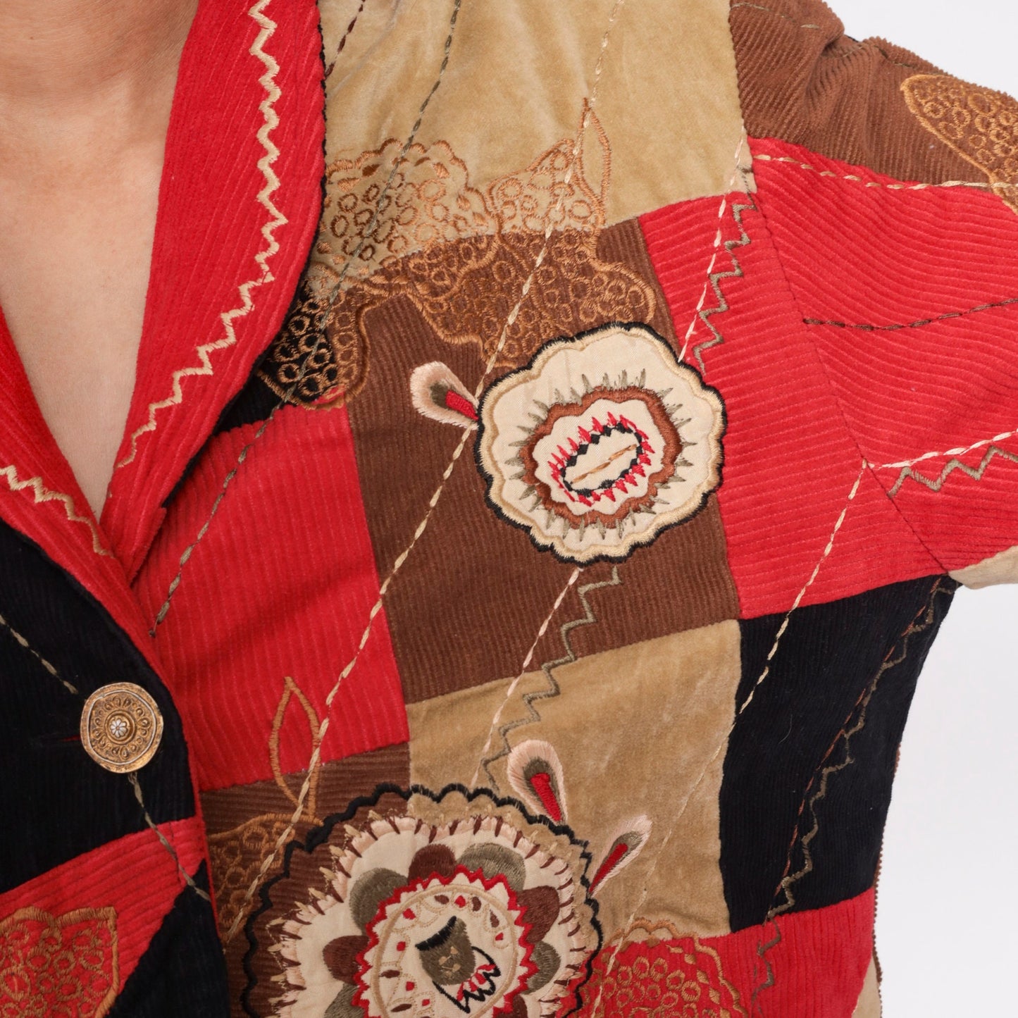 90s Patchwork Corduroy Blazer Floral Embroidered Button-Up Jacket Large L