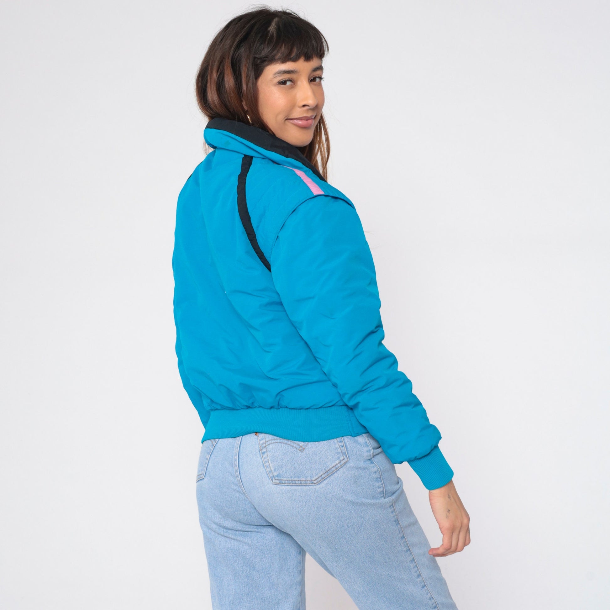 80s Bright Blue Puffer Ski Jacket Convertible Zip-Off Sleeves Vest Extra Small