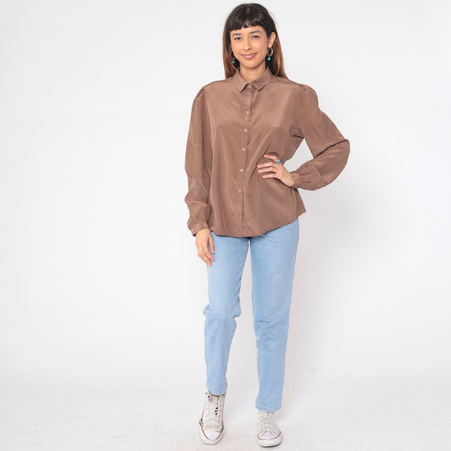 80s Regina Porter Puff Sleeve Blouse Mocha Brown Button Up Shirt Large