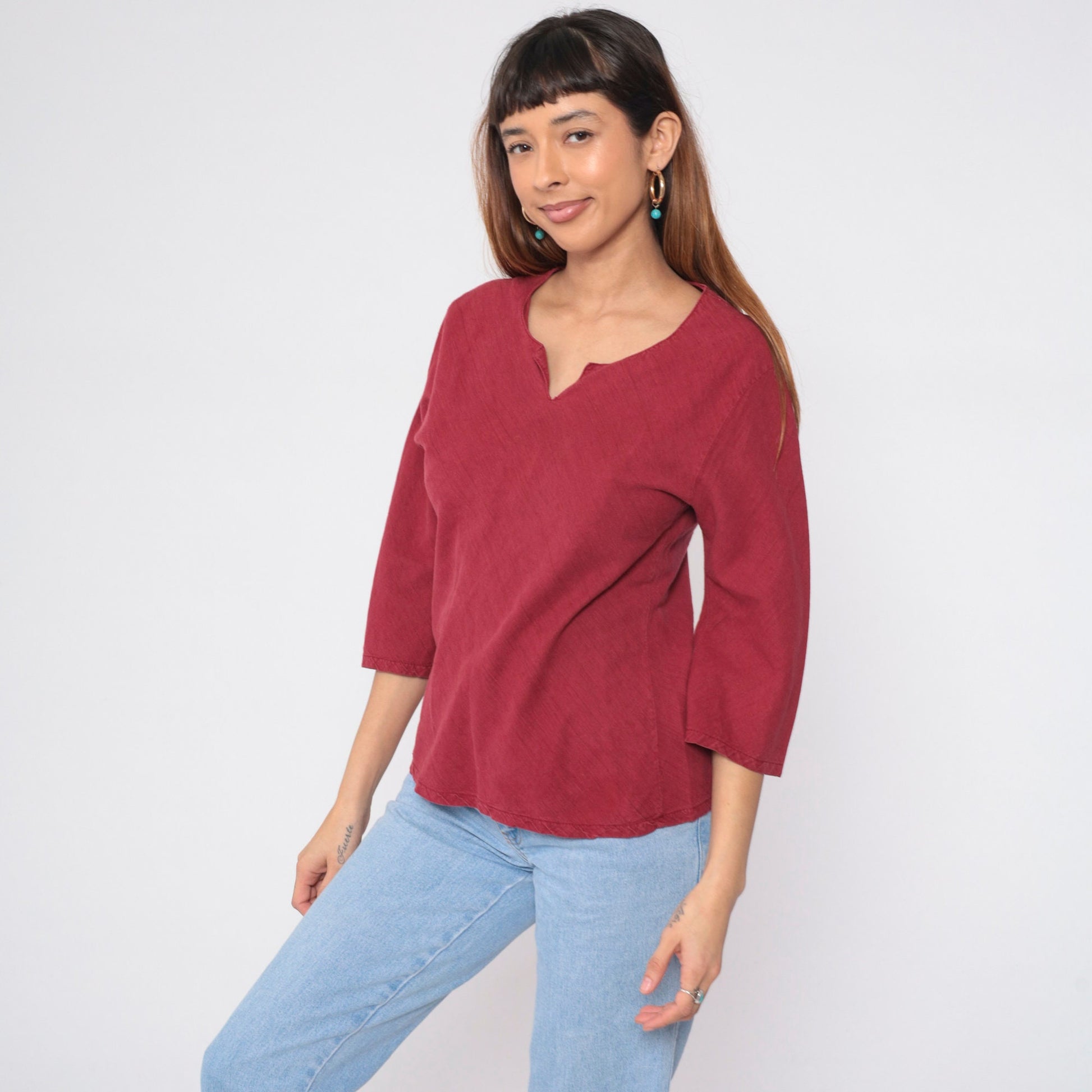 90s Burgundy Cutwork Blouse Floral Long Sleeve Tunic Small