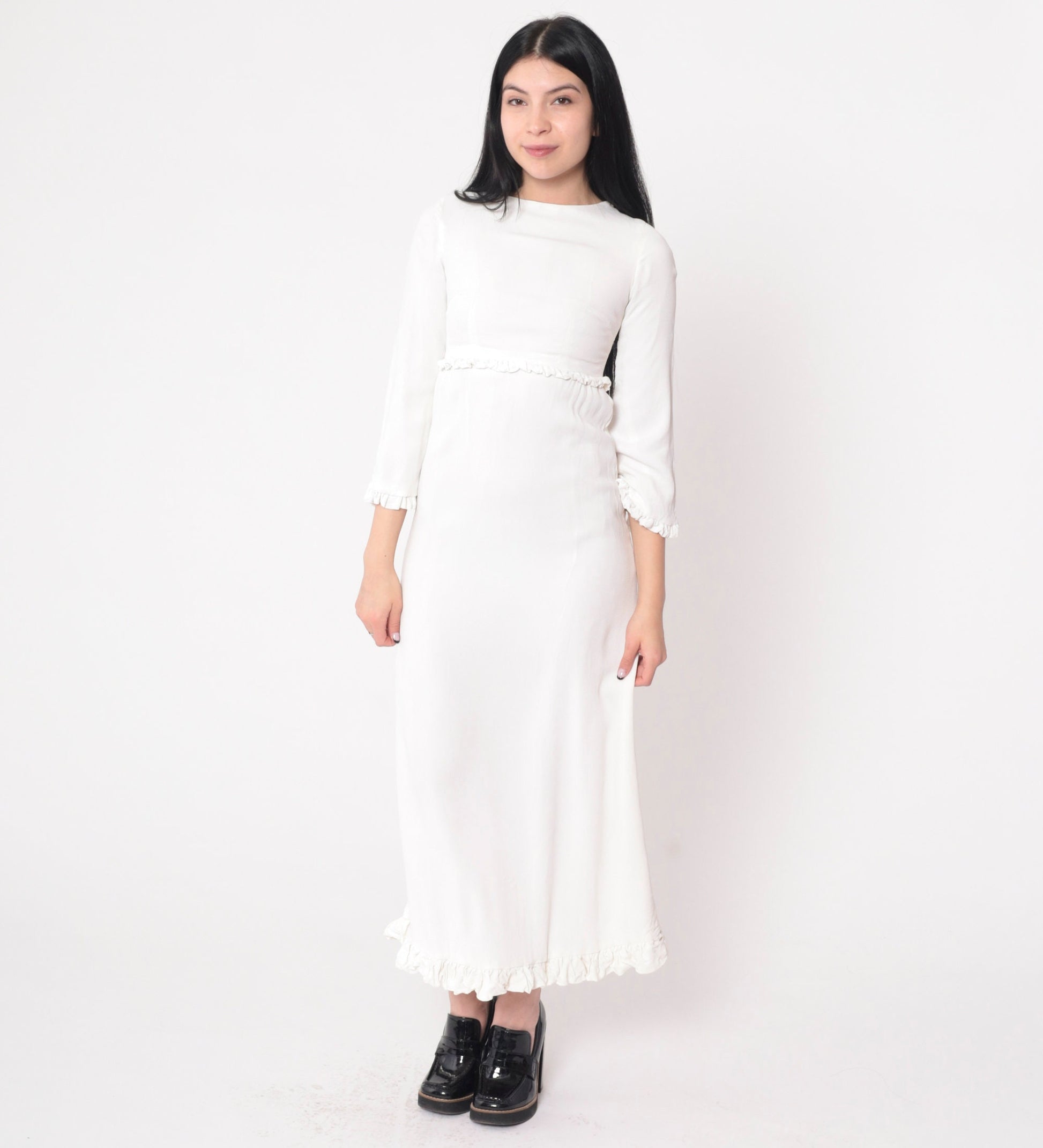 70s White Maxi Dress Empire Waist Bell Sleeve Ruffled Youth 10-12
