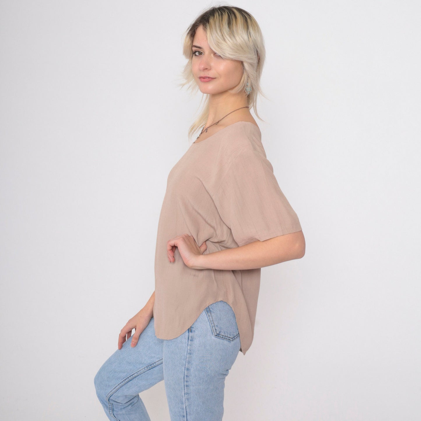 90s Clio Taupe Blouse Curved Hem Short Sleeve Pullover Small