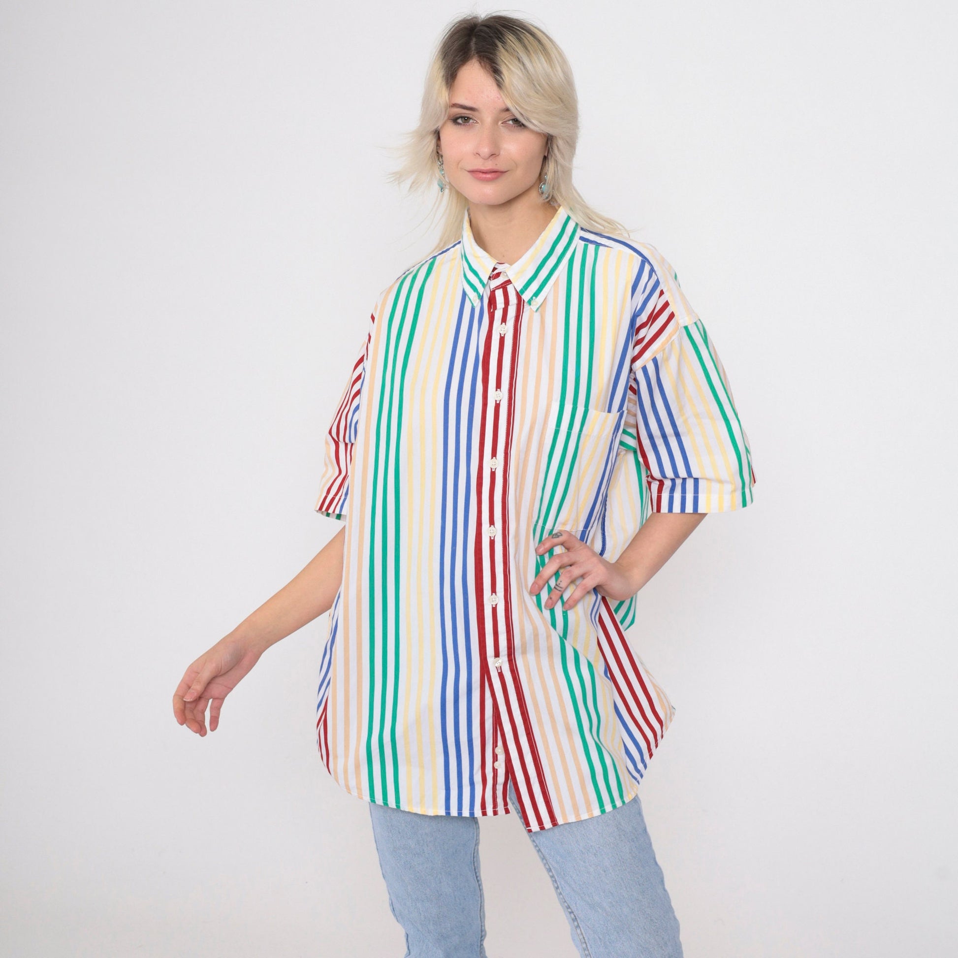 90s Van Heusen Striped Button-Up Shirt Multicolour Short Sleeve Men's Large