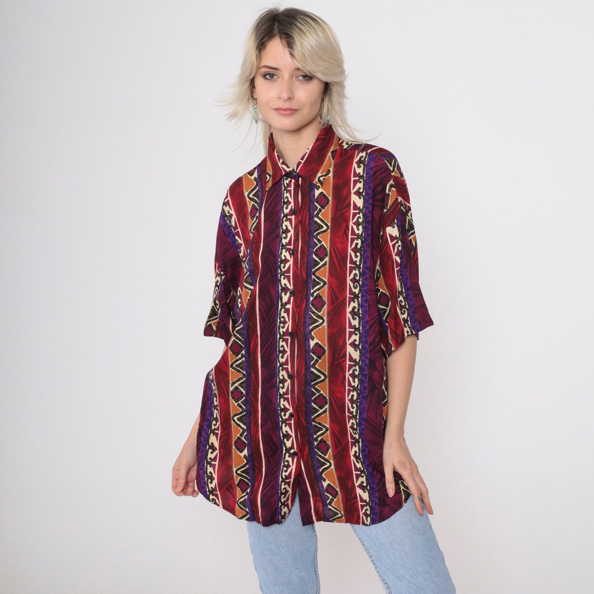 90s Geometric Zig Zag Button Up Shirt Rayon Red Purple Diamond Large L