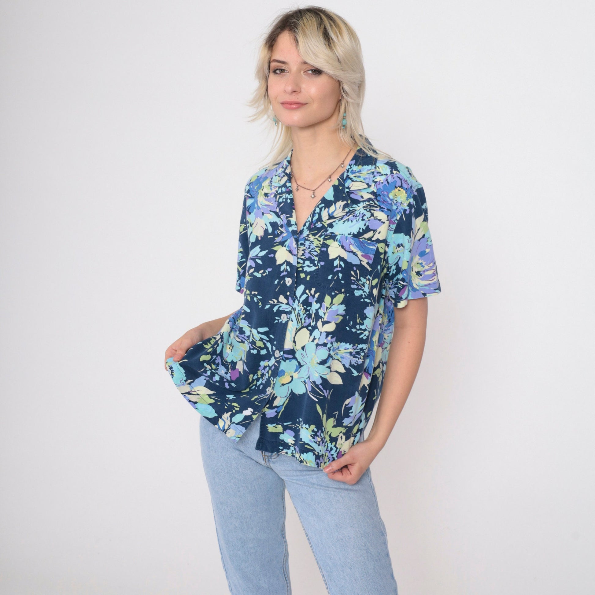 90s Floral Blouse Dark Blue Short Sleeve Button Up Shirt Medium