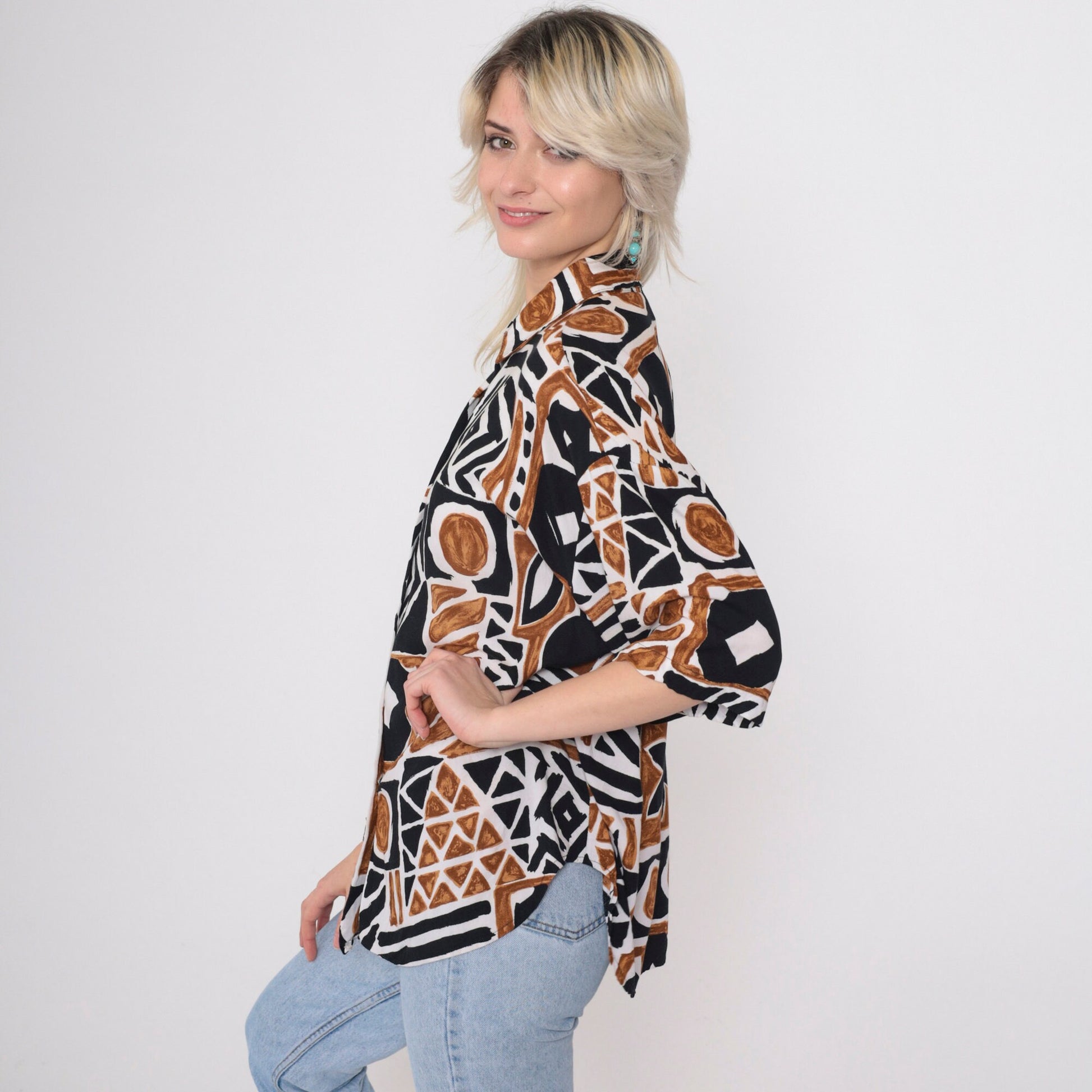 90s Kathie Lee Plus Geometric Safari Print Button Up Blouse Brown Black Extra Large XXL