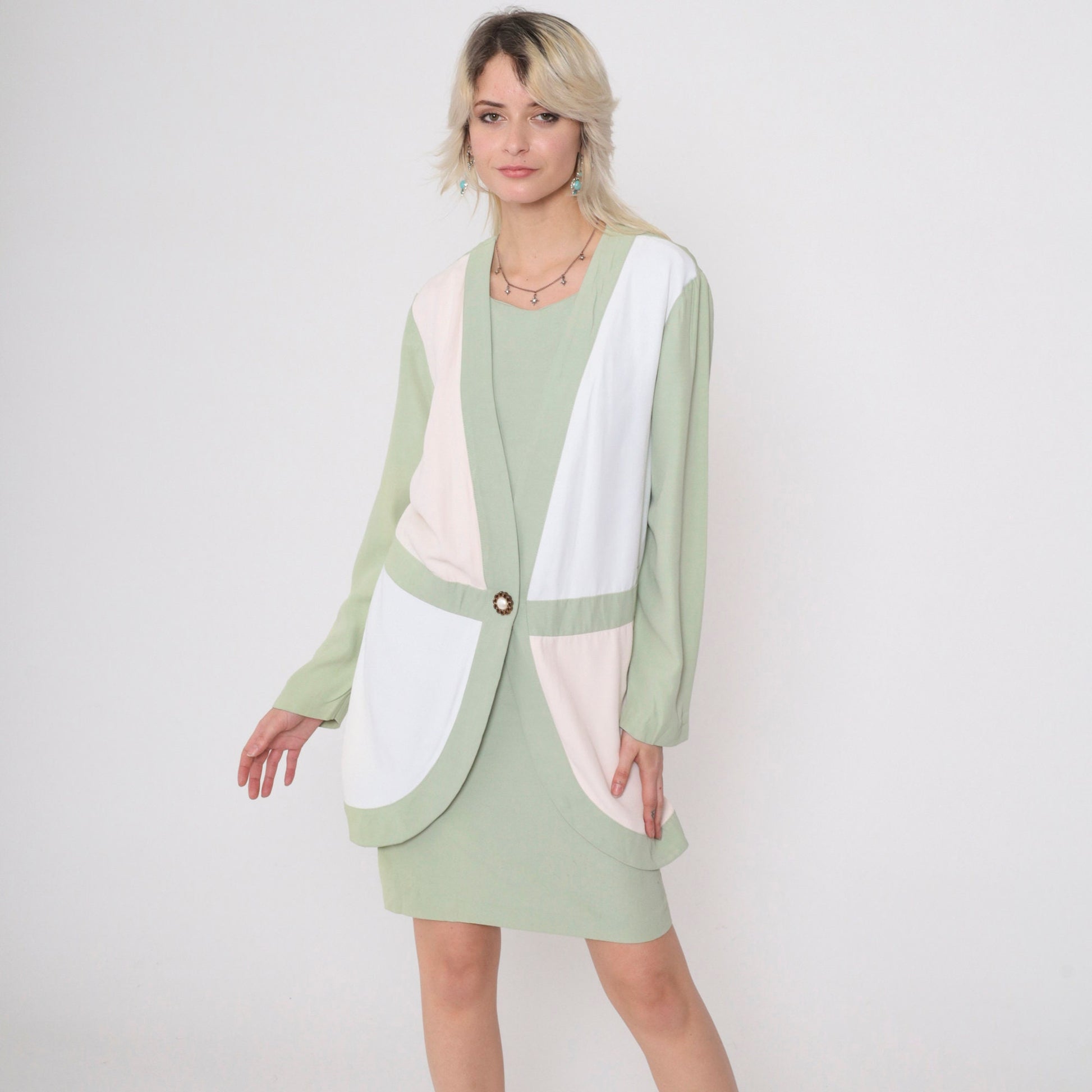 90s Sage Green Cream Colorblock Shift Dress Long Sleeve Midi Small 6
