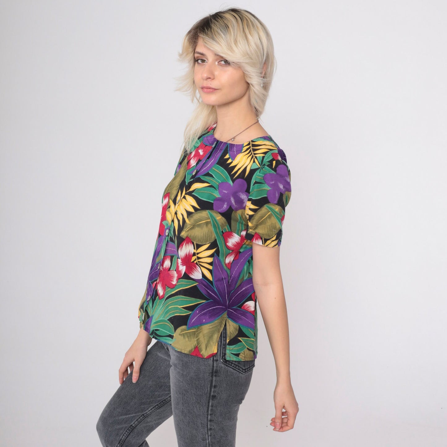 90s Tropical Floral Button-Up Blouse Black Botanical Print Short Sleeve Small