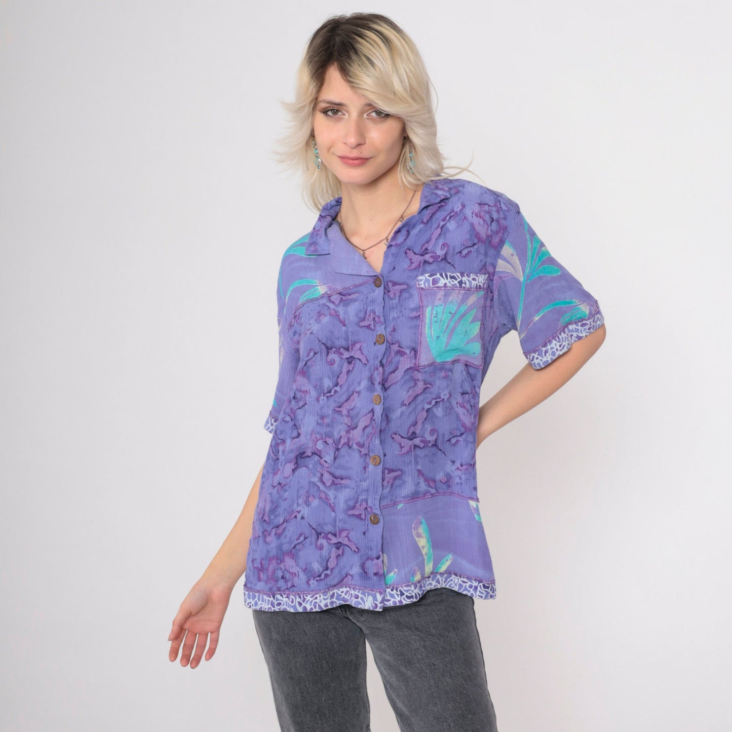 90s Tie Dye Button Up Shirt Purple Abstract Floral Rayon Medium