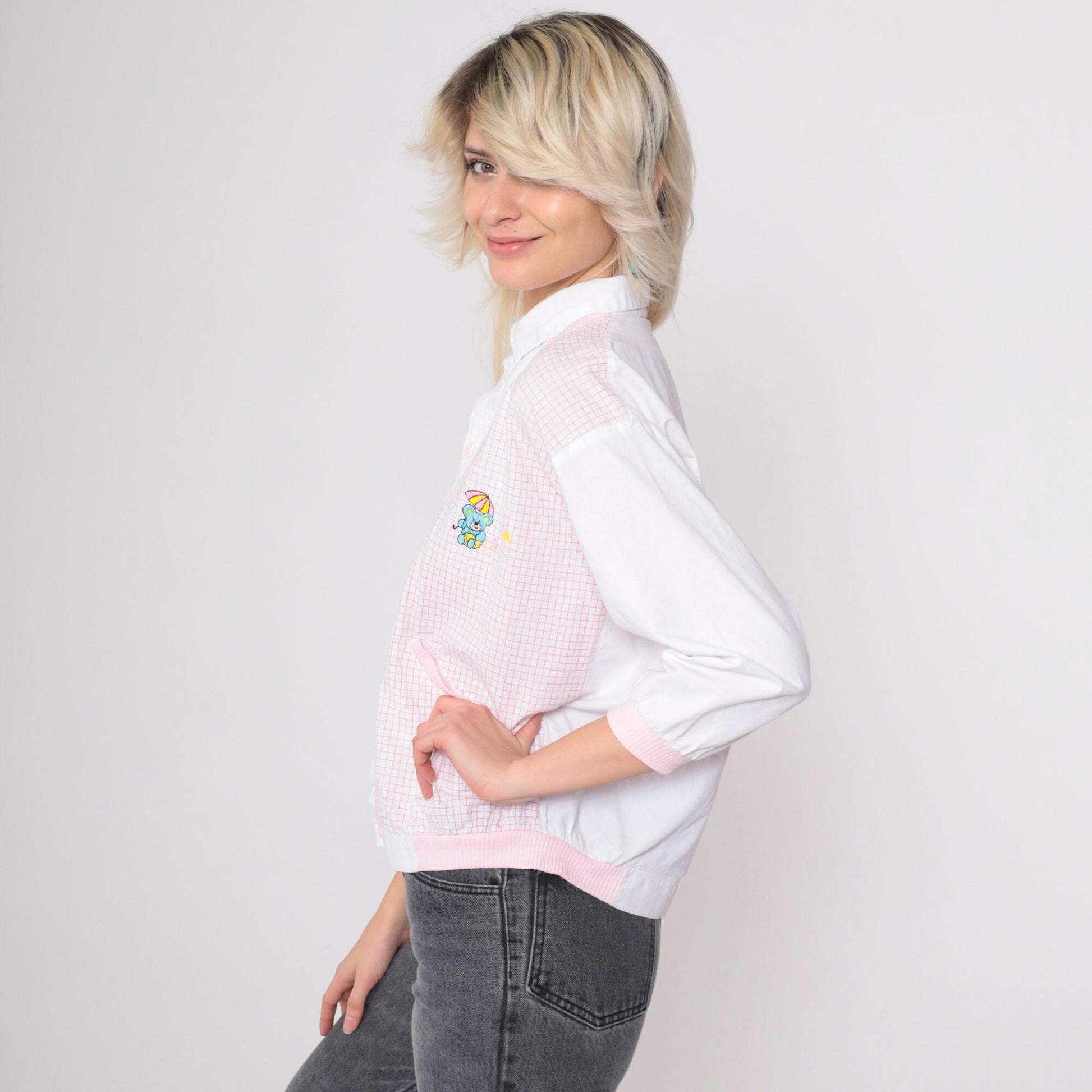 80s Rozzi Checkered Teddy Bear Button-Up Blouse with Attached Vest Pink White Medium
