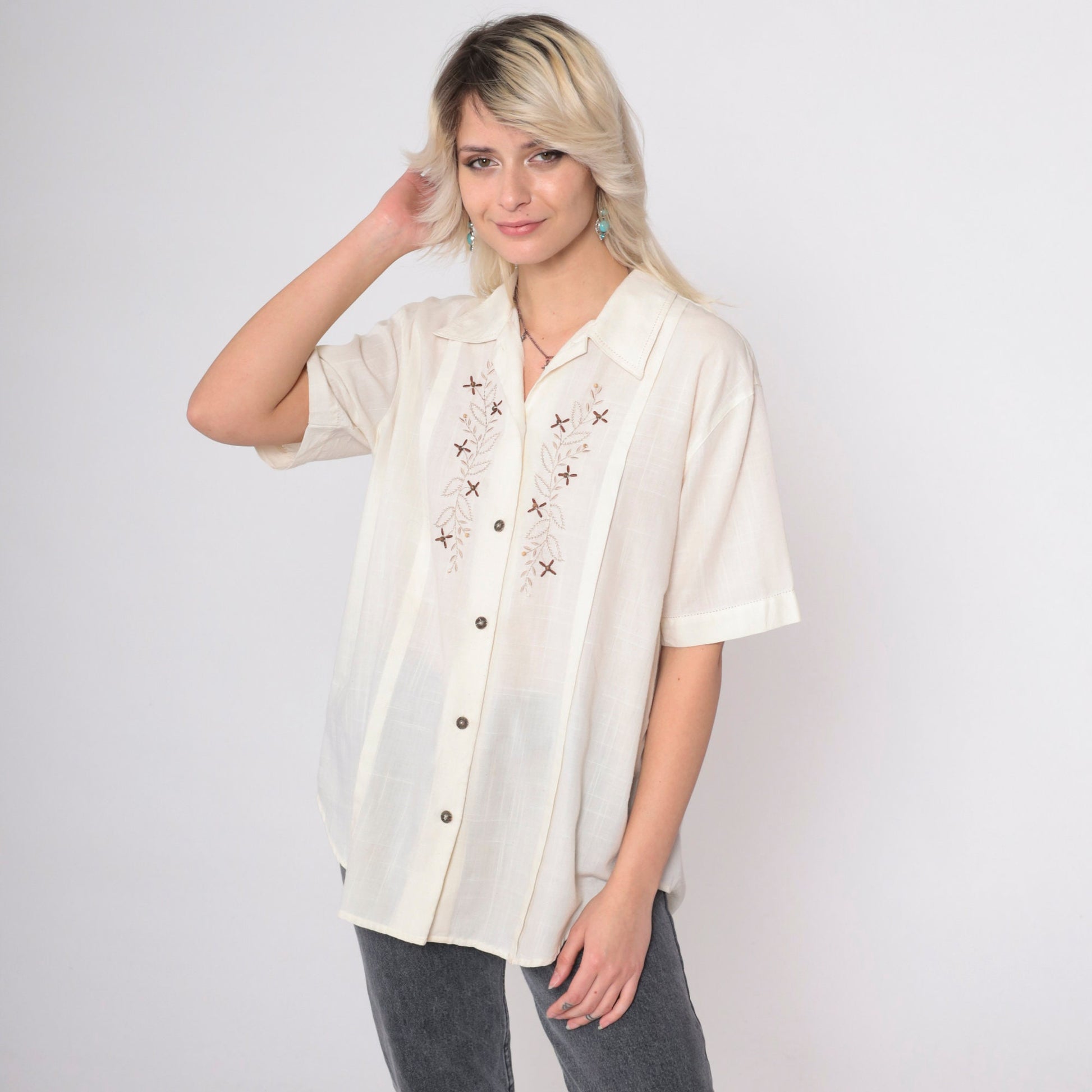80s Jantzen Classics Floral Embroidered Cream Blouse Beaded Collar Medium M