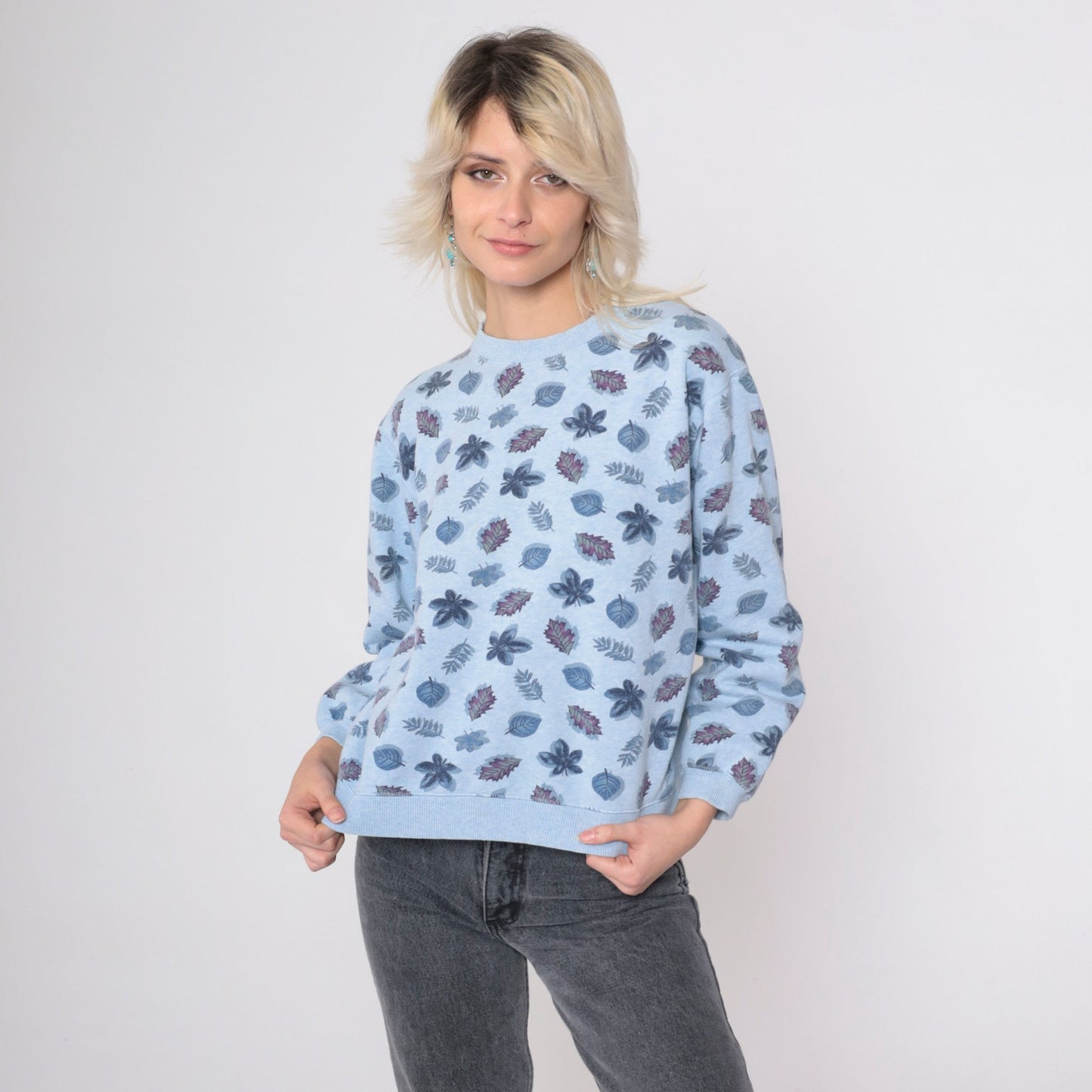 90s Leaf Print Sweatshirt Grey Botanical All Over Crewneck Small
