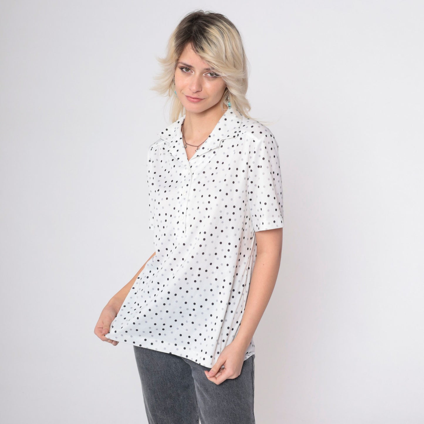 70s Polka Dot Button-Up Blouse White Black Grey Short Sleeve Medium