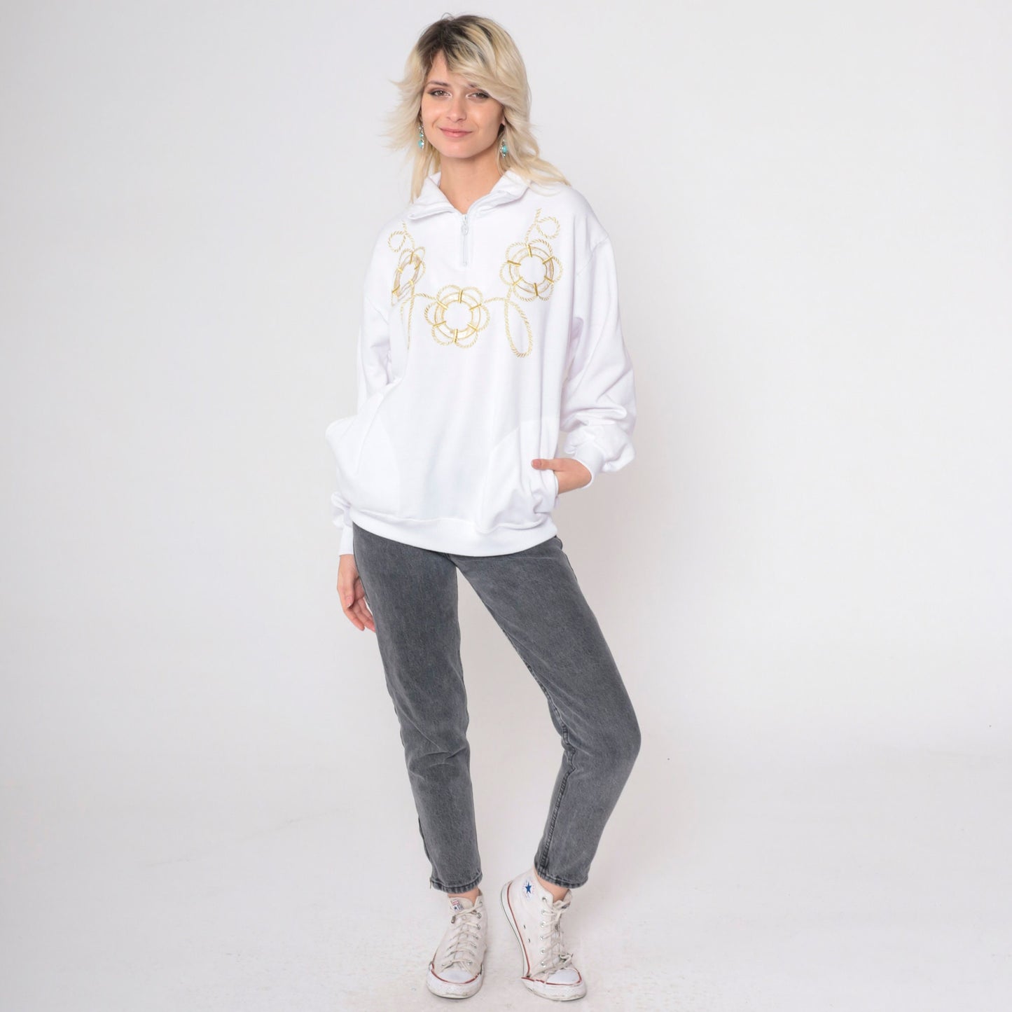 90s Sailor Sweatshirt White Gold Embroidered Lifebuoy Quarter Zip Medium