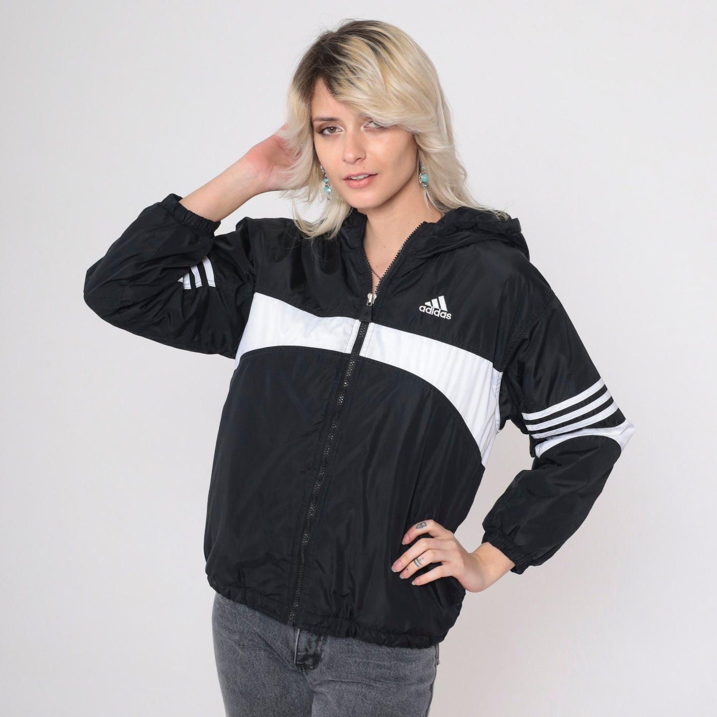 90s Adidas Hooded Windbreaker Black White Striped Nylon Jacket Medium