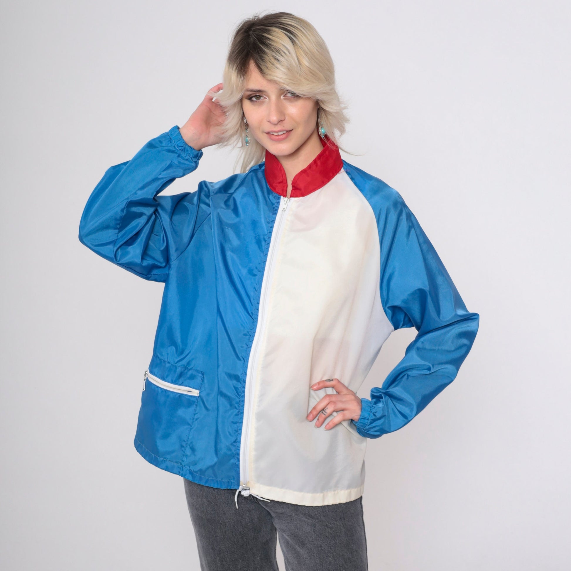 80s Baseball Windbreaker Jacket Blue White Colour Block Raglan Medium