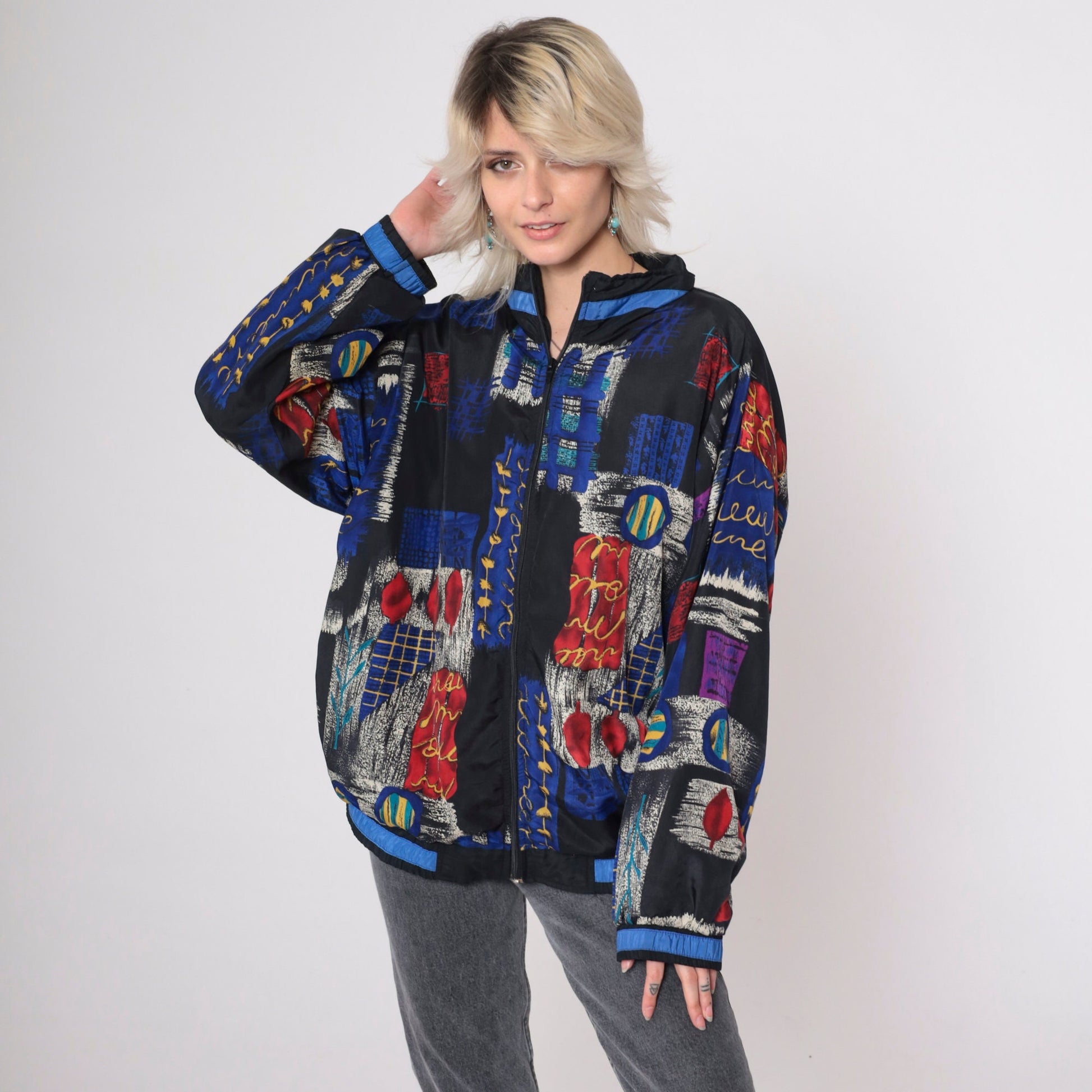 90s Patchwork Windbreaker Black Checkered Abstract Full Zip Jacket Medium
