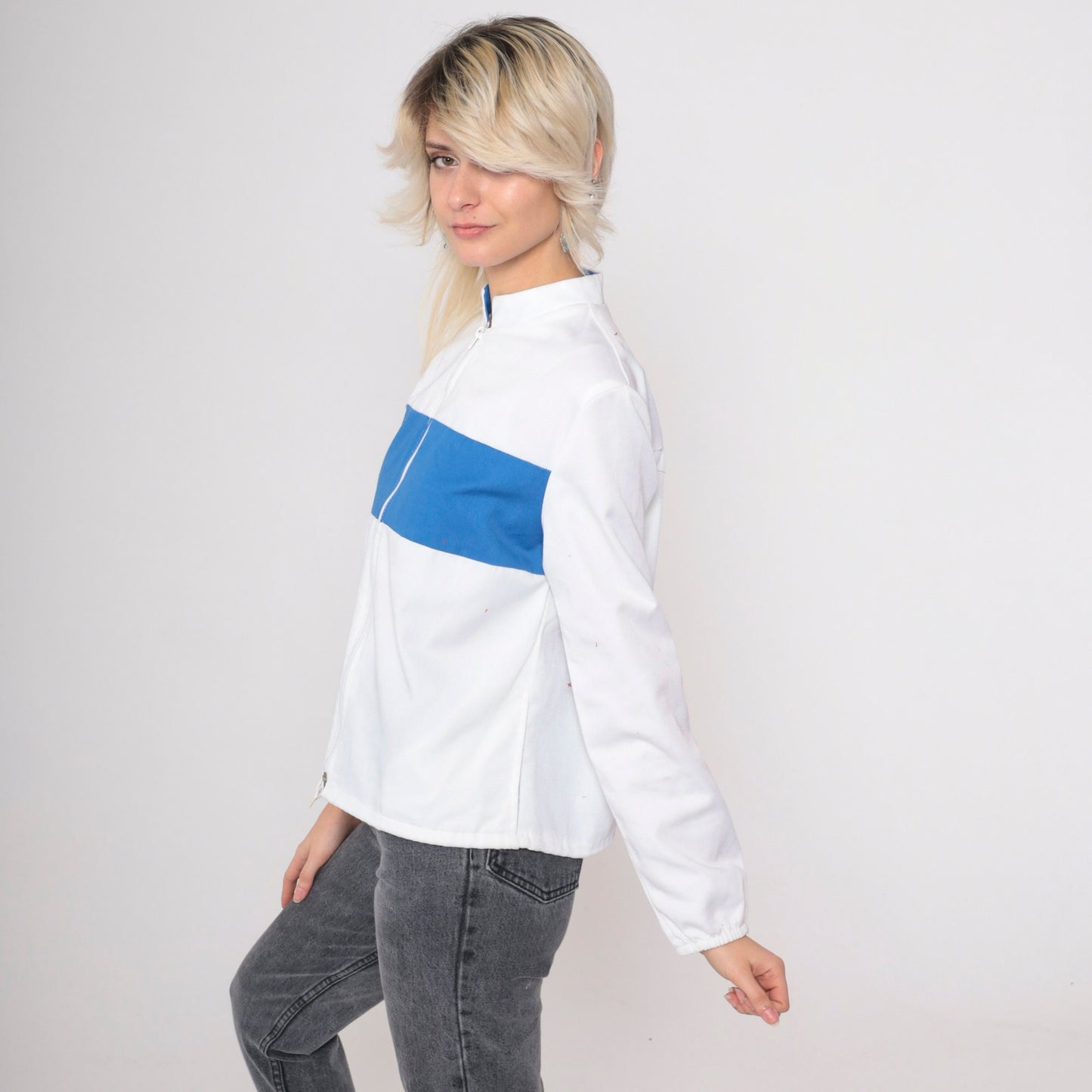 80s Miss USA Windbreaker White Blue Stripe Stand Collar Zip Jacket Small