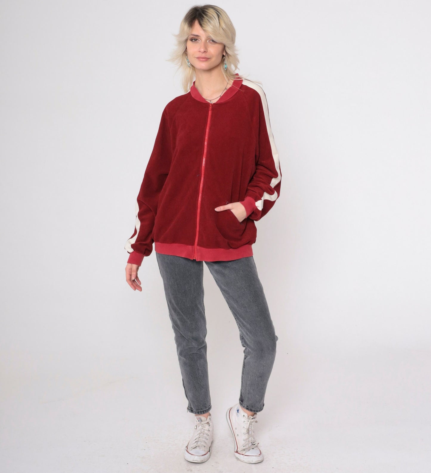 80s Lee Velour Track Jacket Burgundy Striped Zip Up Extra Large XL