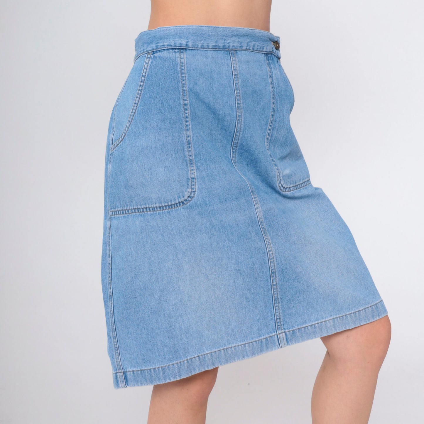 90s High-Waisted Denim Skirt Blue Knee-Length Patch Pocket Straight Large