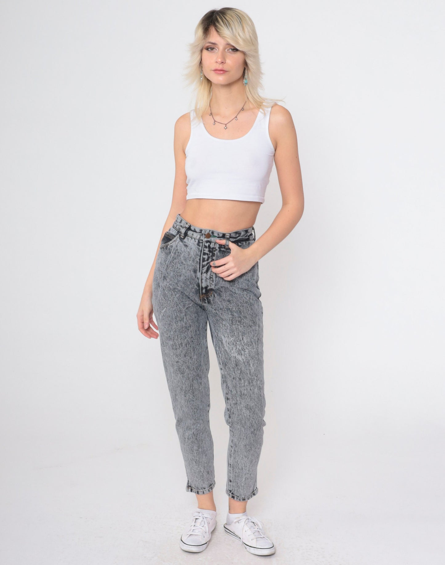 90s Bongo Acid Wash High-Waist Tapered Jeans Grey Denim Extra Small