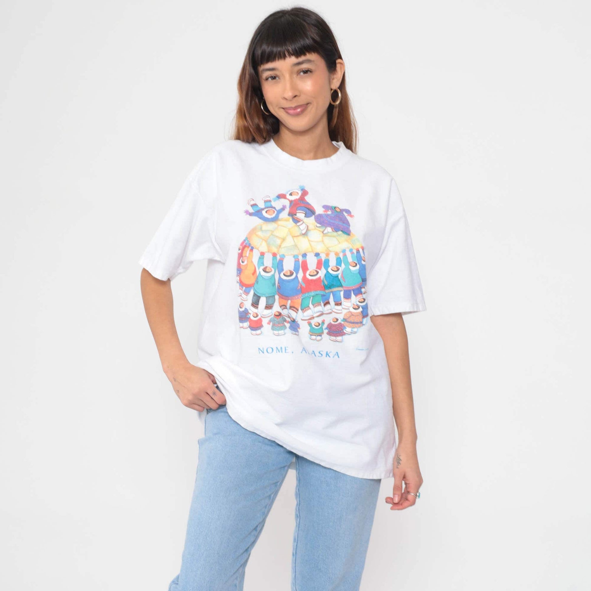 90s Nome Alaska Graphic T-Shirt Inuit Parachute Game White Glitter Extra Large