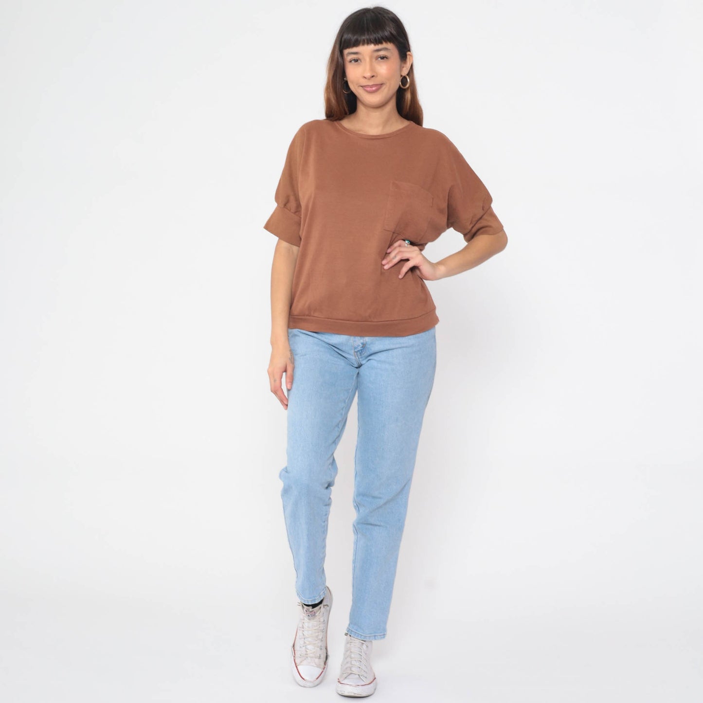 80s Brown Dolman Sleeve Pocket Tee Slouchy Crewneck Large L