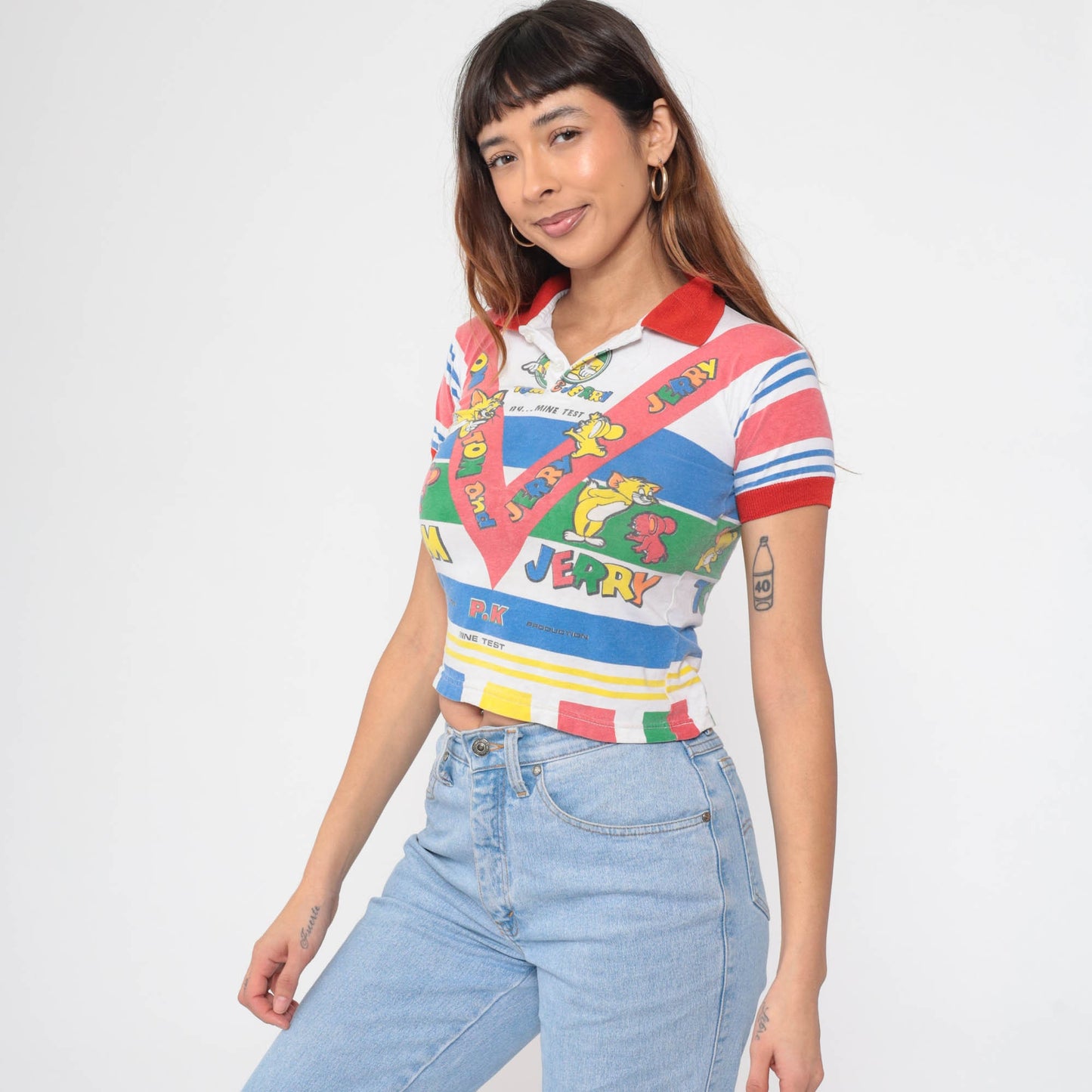80s Tom and Jerry Polo Shirt Graphic Kids Crop Top 2XS