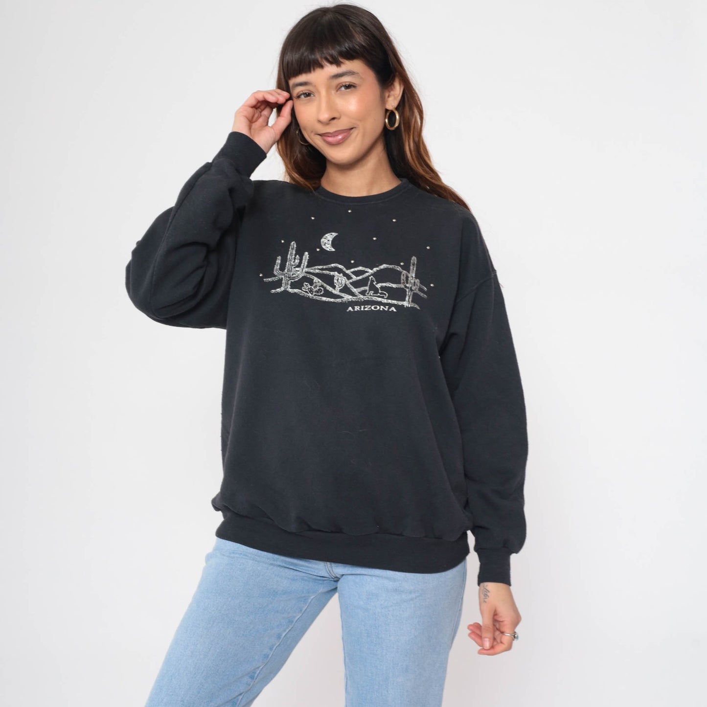 90s Arizona Coyote Desert Sweatshirt Black Beaded Graphic Crewneck Large L