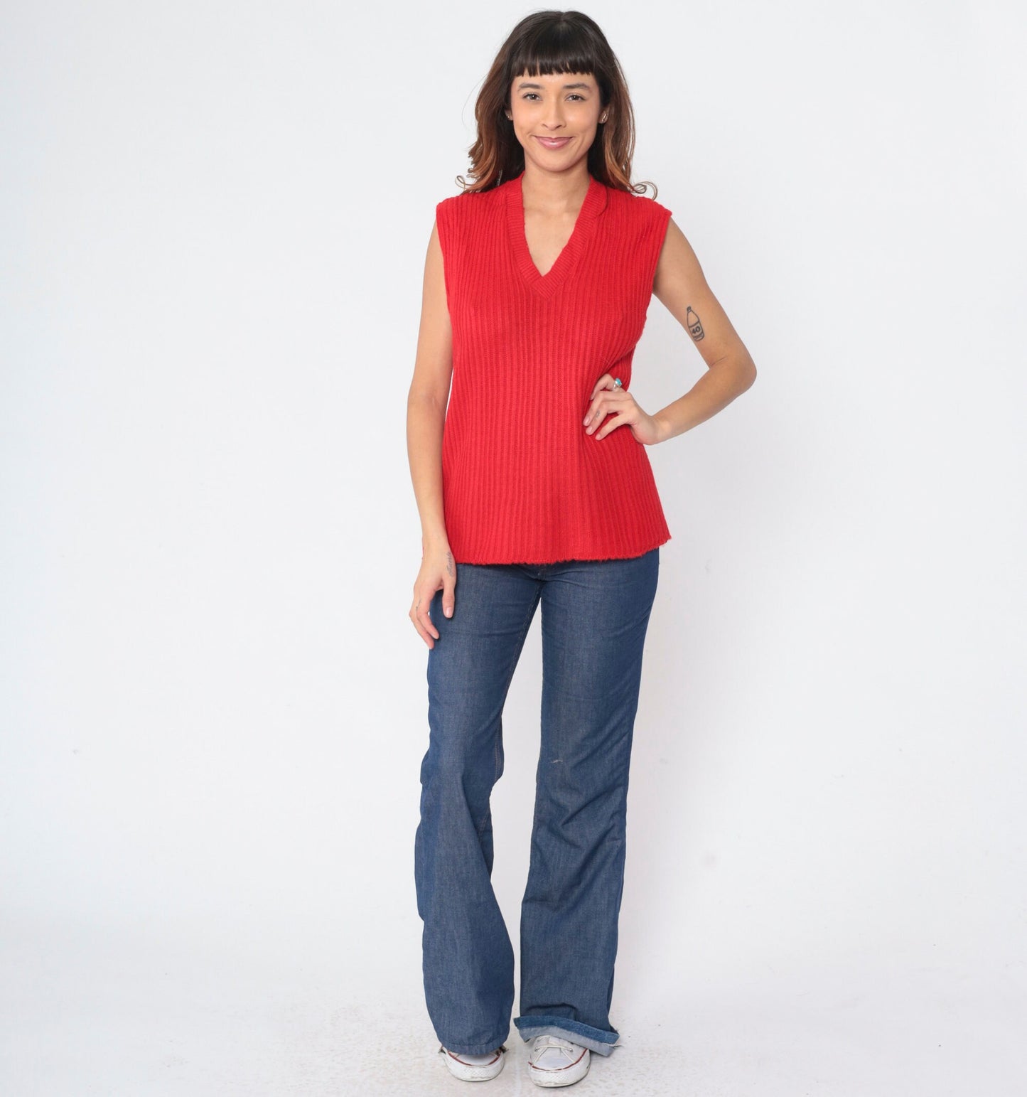 70s Red Ribbed Knit Sweater Vest V-Neck Sleeveless Pullover Large L