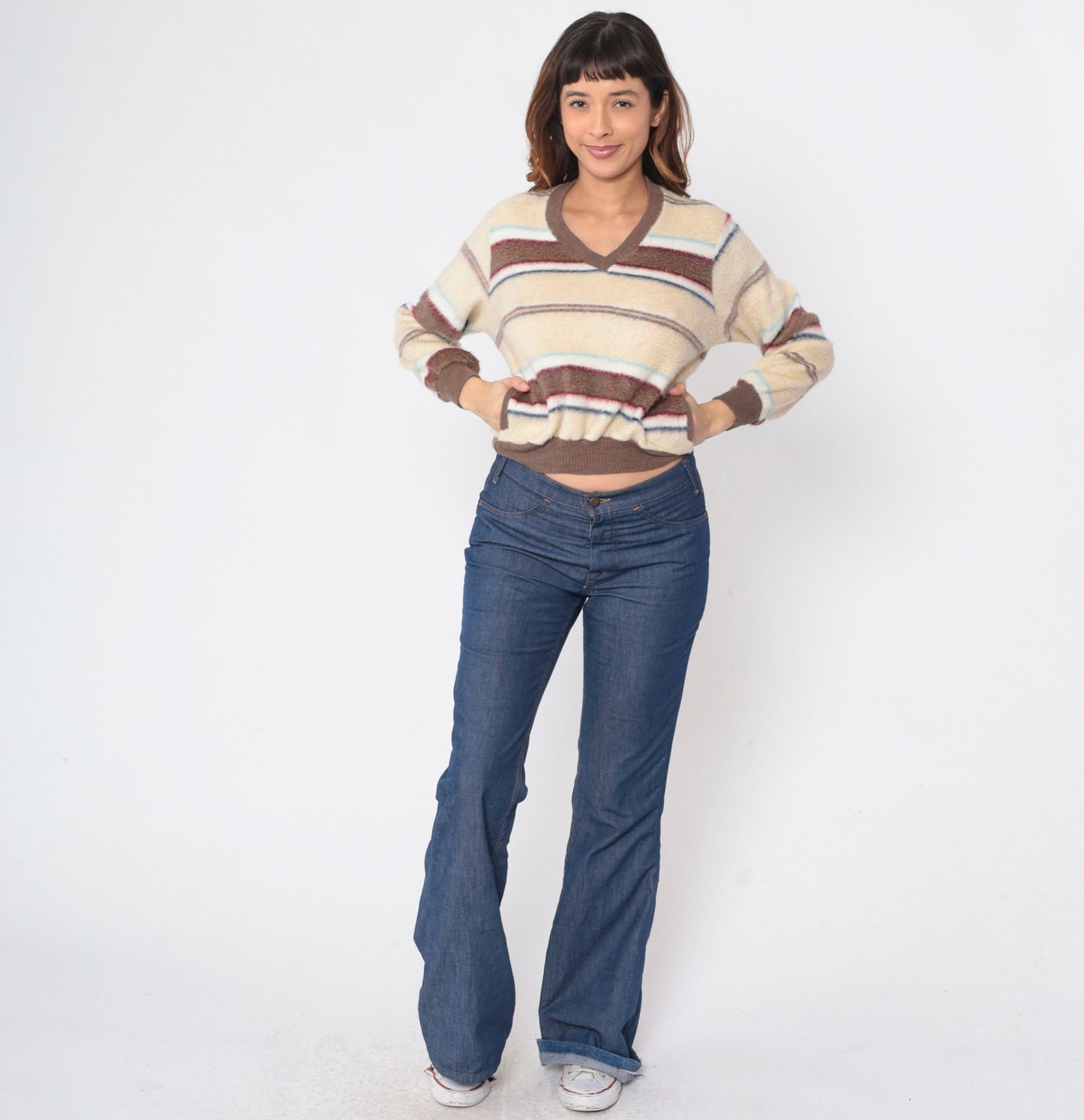 70s Striped Fleece V-Neck Sweatshirt Brown Cream Red Blue Large L