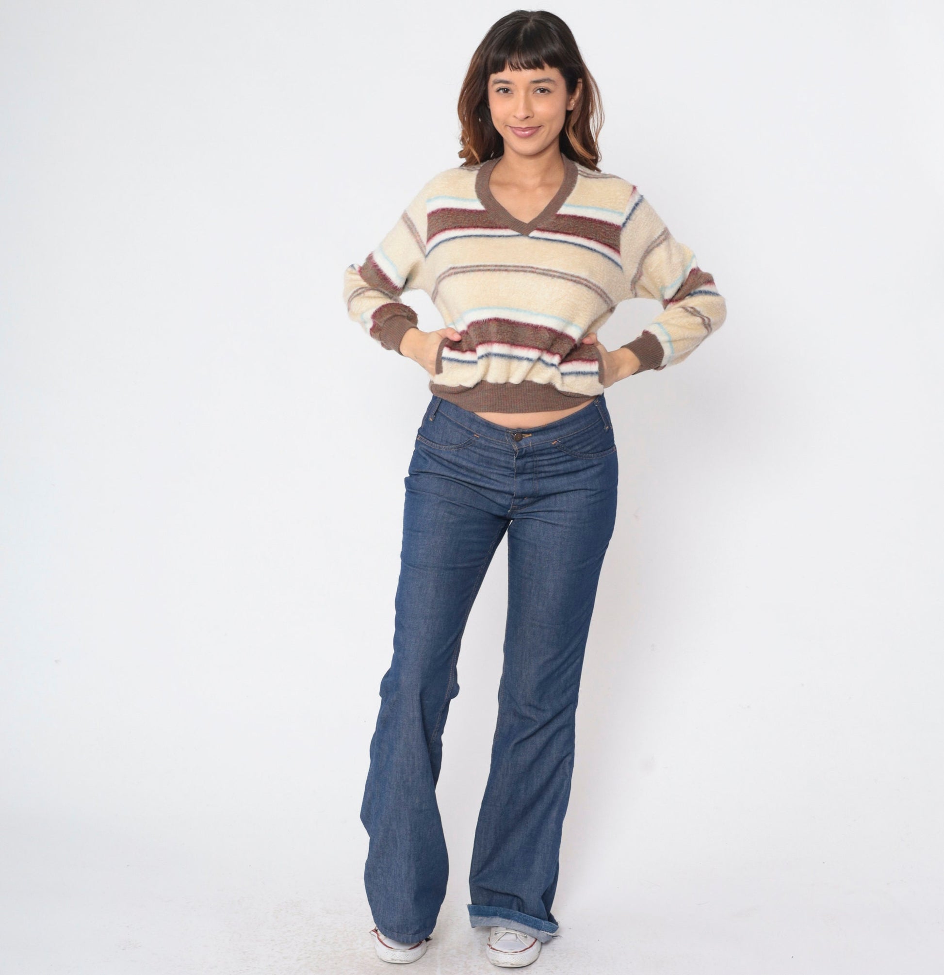 70s Striped Fleece V-Neck Sweatshirt Brown Cream Red Blue Large L