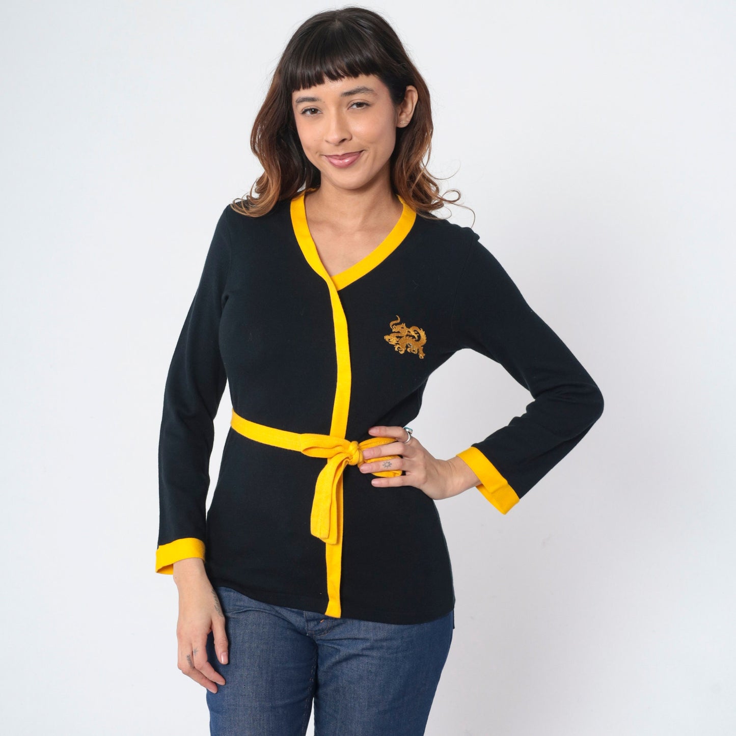 70s Black Knit Dragon Embroidered Wrap Top Yellow Trim Small S