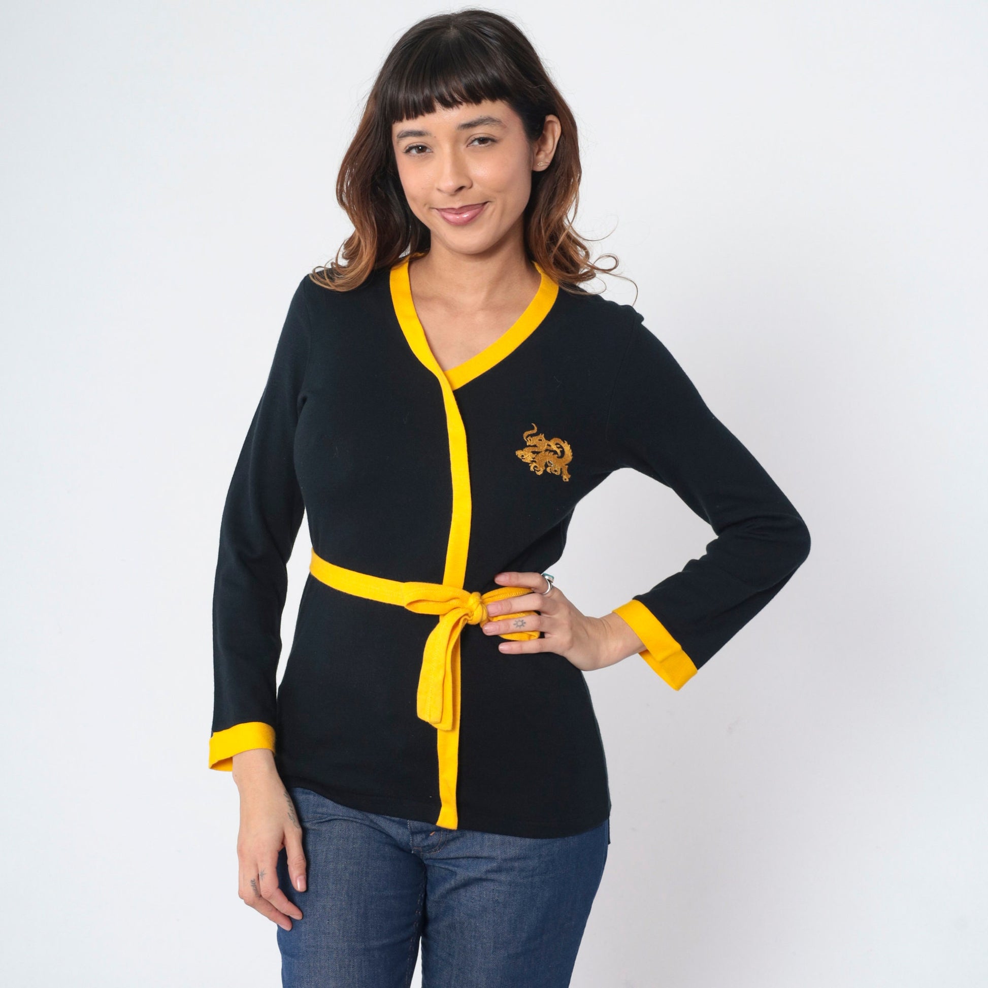 70s Black Knit Dragon Embroidered Wrap Top Yellow Trim Small S
