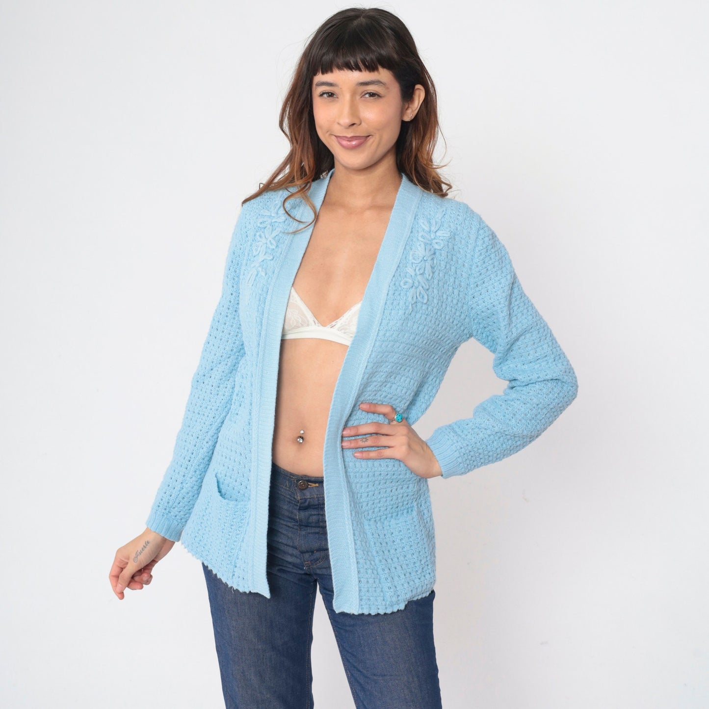 70s Baby Blue Cardigan Knit Floral Embroidered Open Front Sweater Medium M