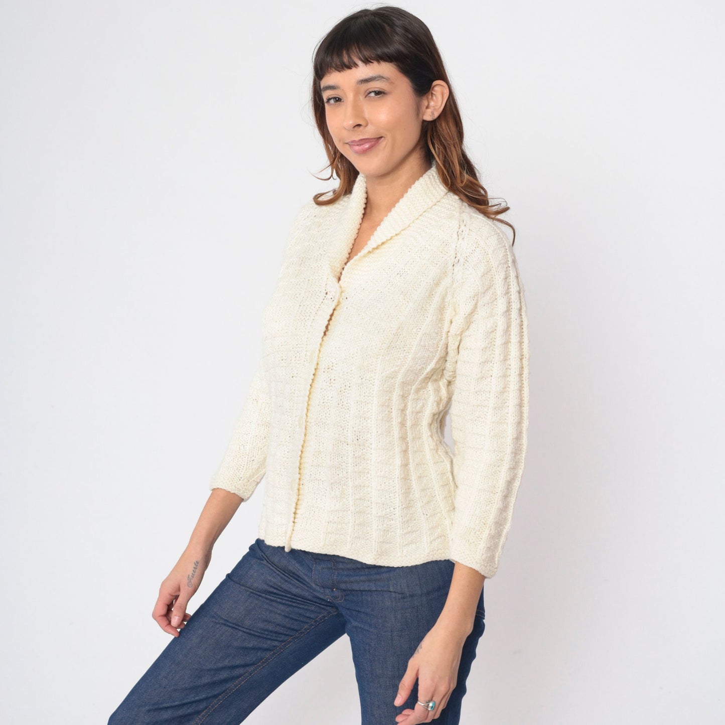 70s Cream Cardigan Shawl Collar Button-Up Knit Sweater Raglan Small S
