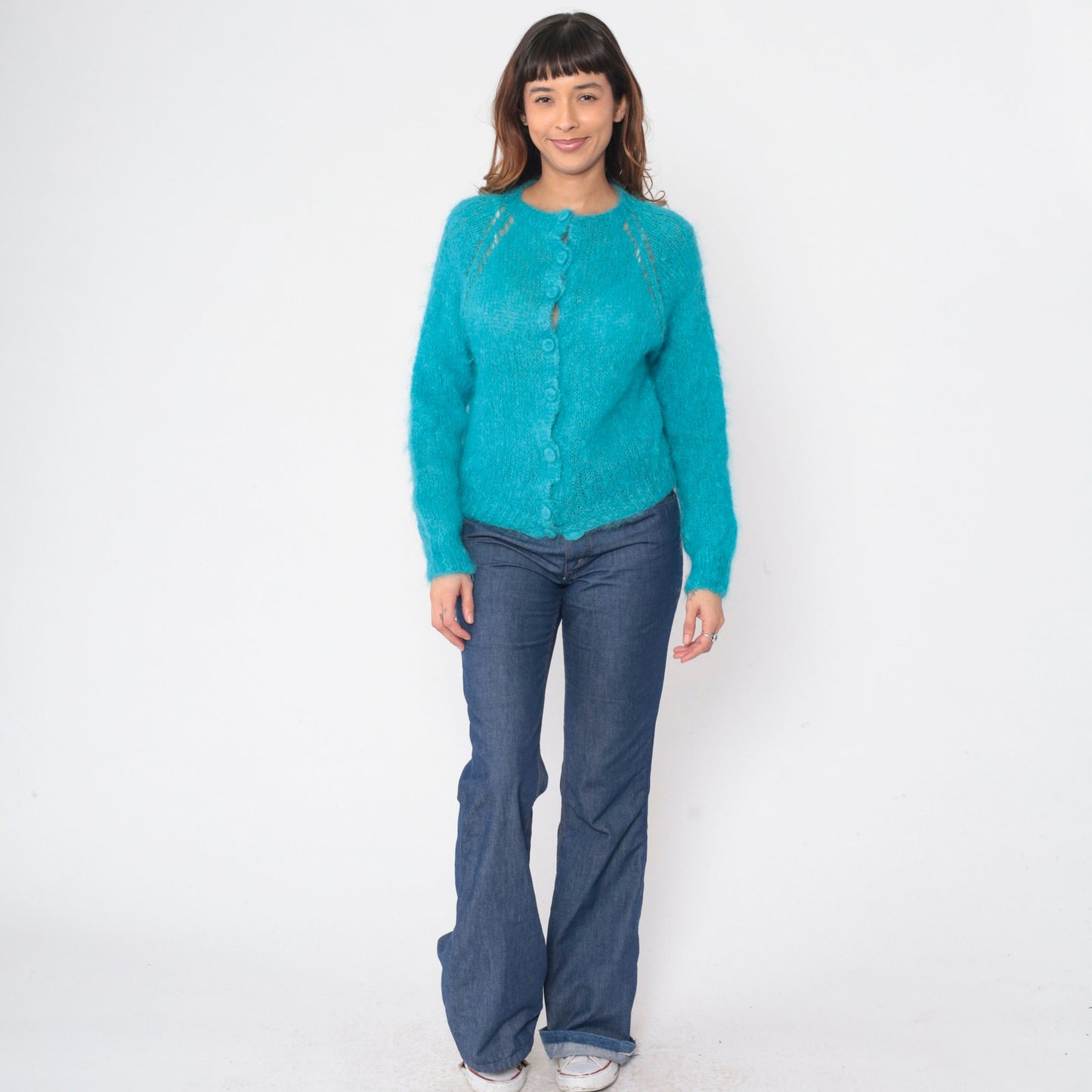 70s Blue Mohair Cardigan Cutout Raglan Sleeve Knit Sweater Medium