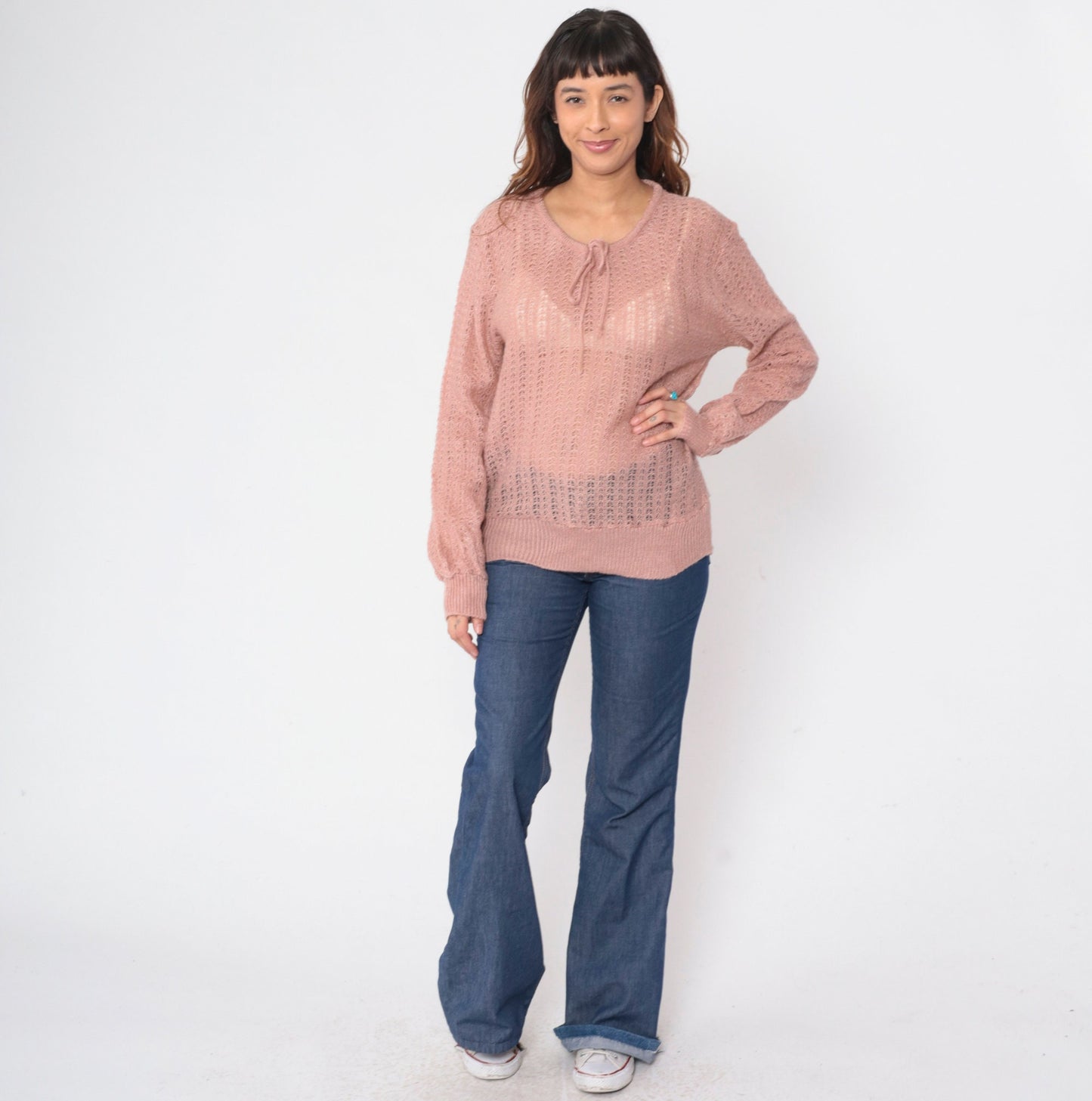 70s Dusty Pink Pointelle Knit Sweater Cutout Bow Tie Pullover Medium M