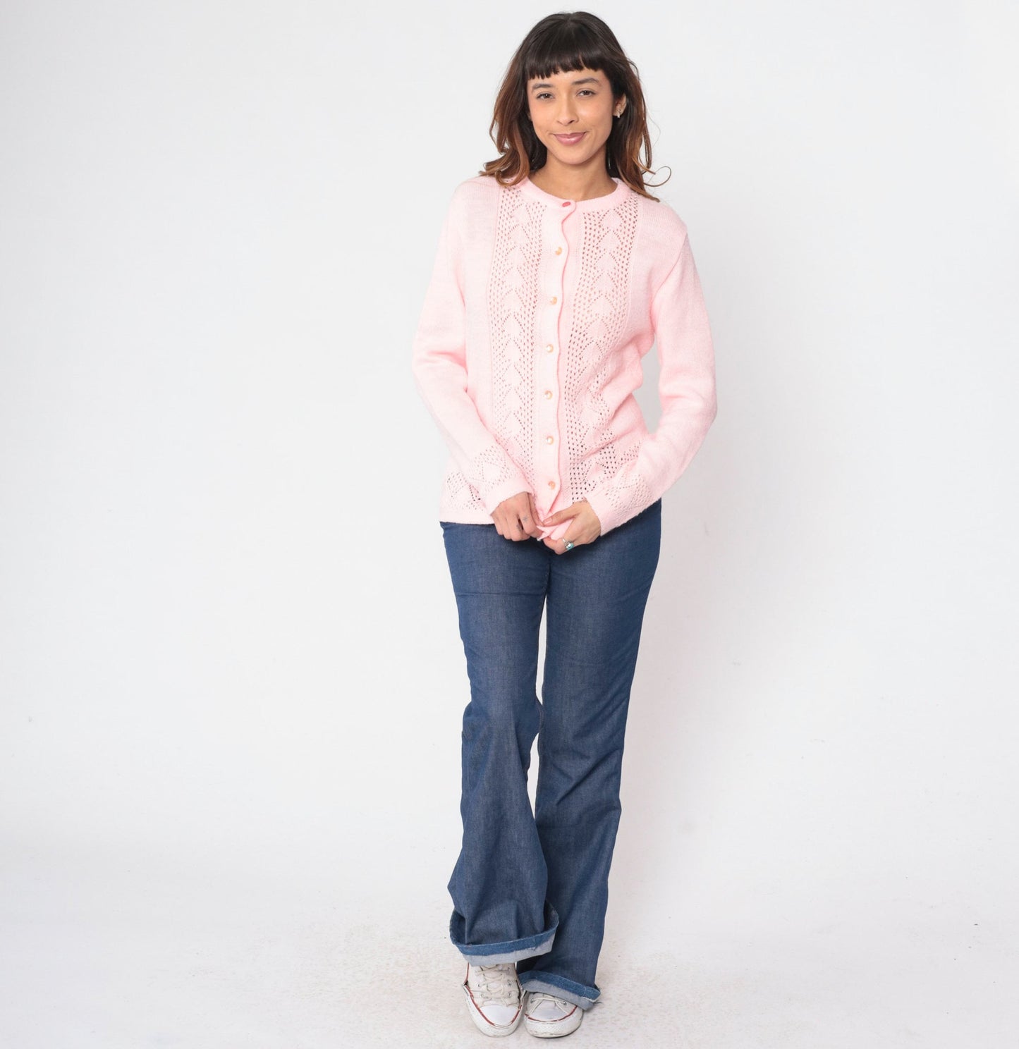70s Baby Pink Pointelle Cardigan Button-Up Knit Sweater Small S