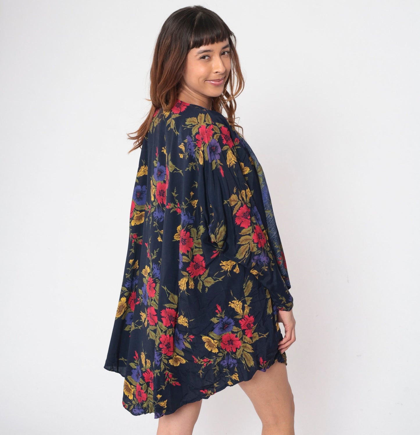 90s Navy Floral Open-Front Cardigan Jacket Waterfall Rayon Large