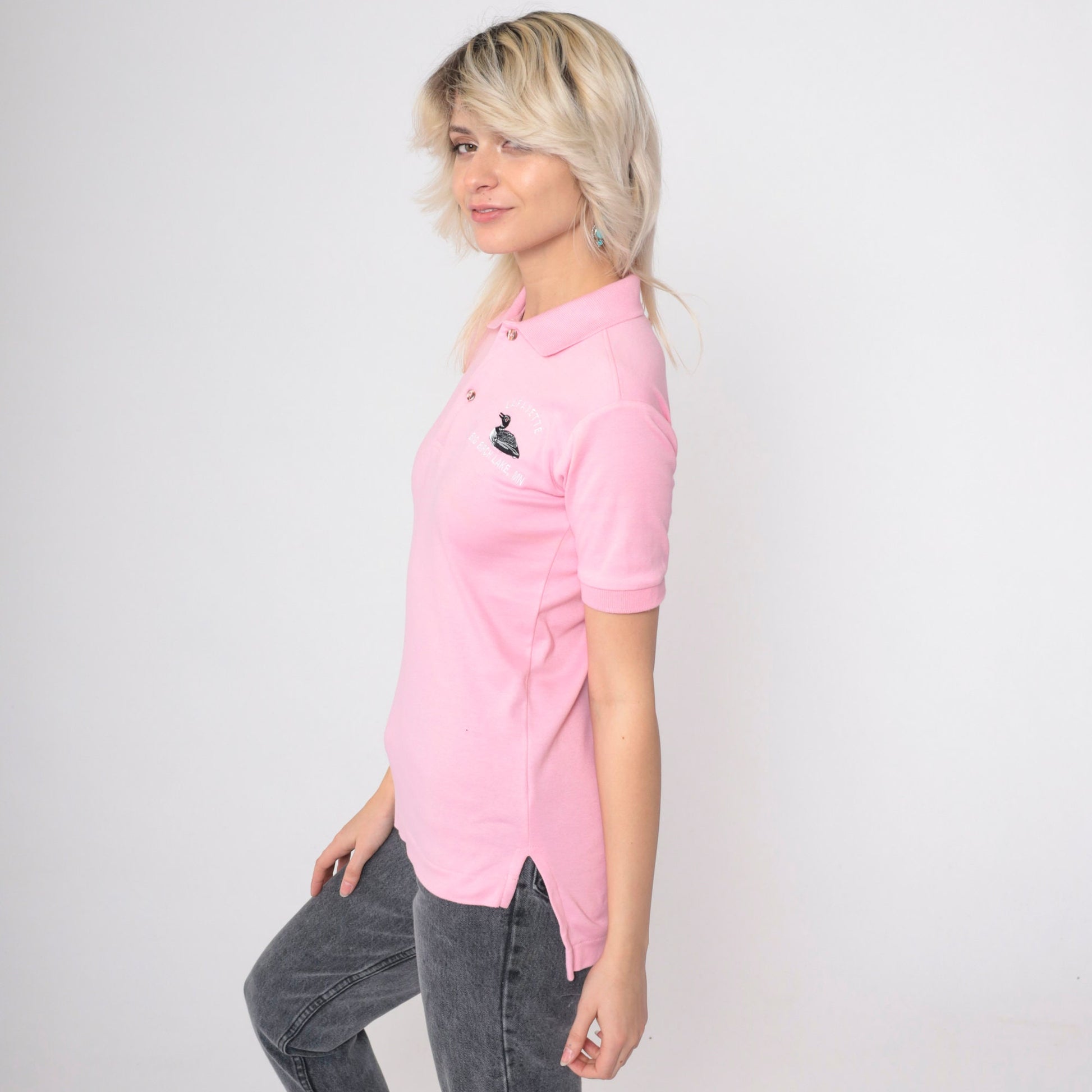 80s King Louie Loon Polo Shirt Lafayette Big Birch Lake Minnesota Baby Pink Extra Small