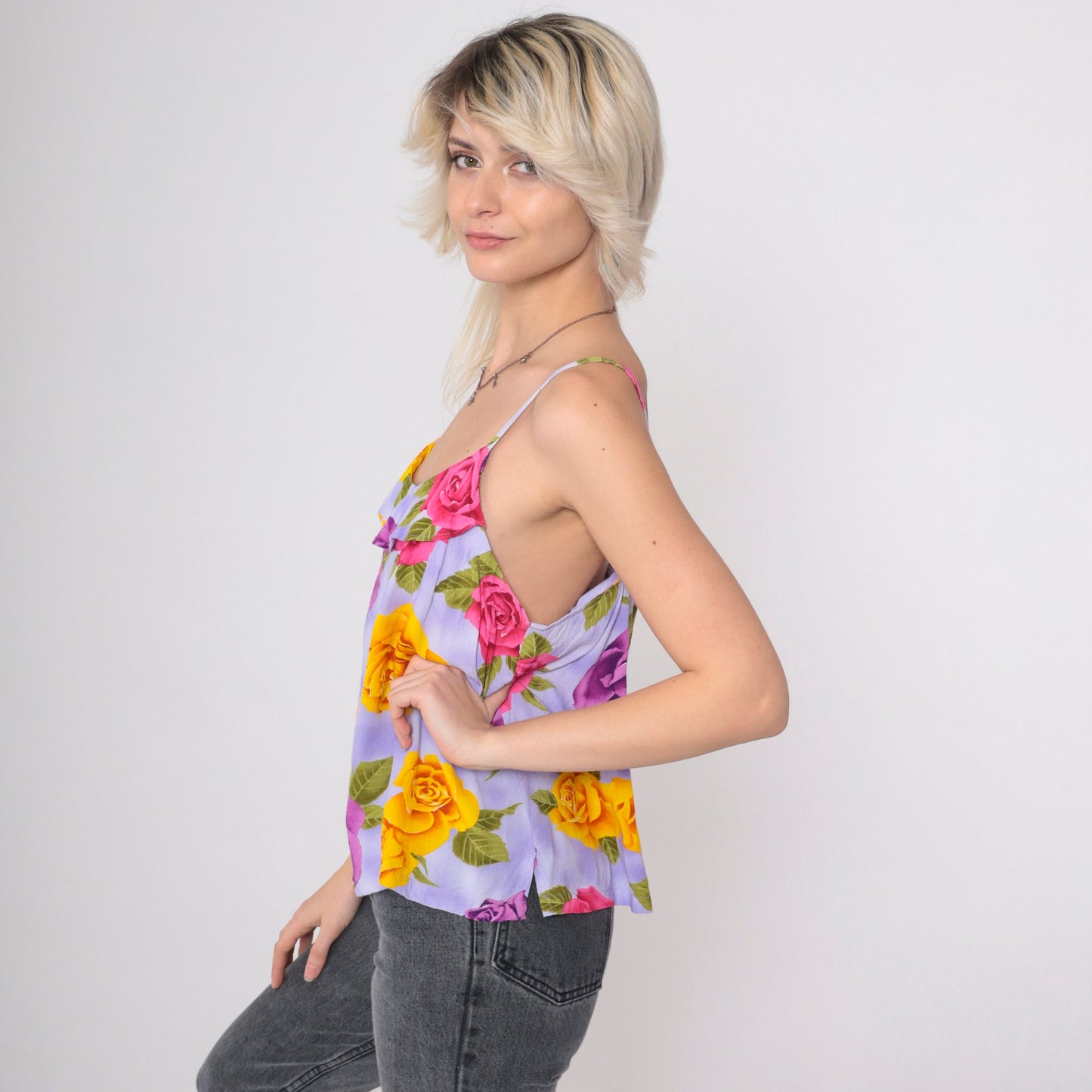 90s Jams World Floral Tank Top Spaghetti Strap Ruffled Cami Small Medium