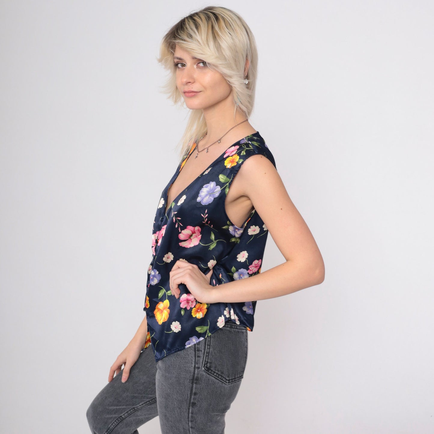 90s Navy Satin Floral Pajama Tank Top V-Neck Button-Up Sleep Shirt Medium