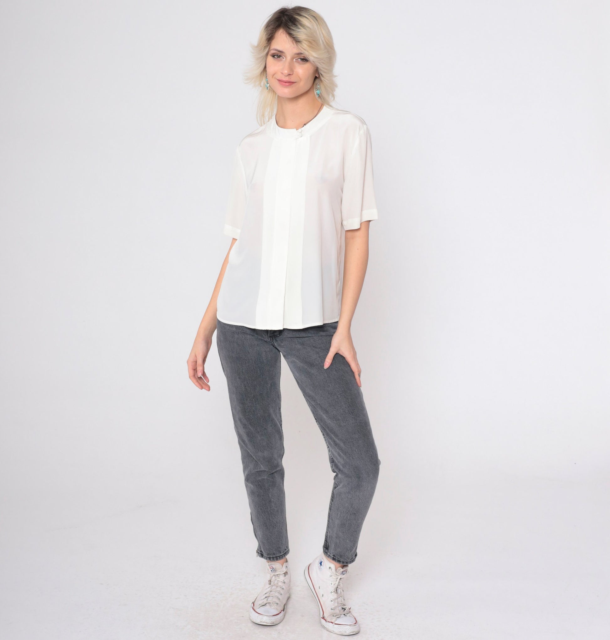90s Off-White Pleated Button-Up Blouse Short Sleeve Secretary Top Petite 8P