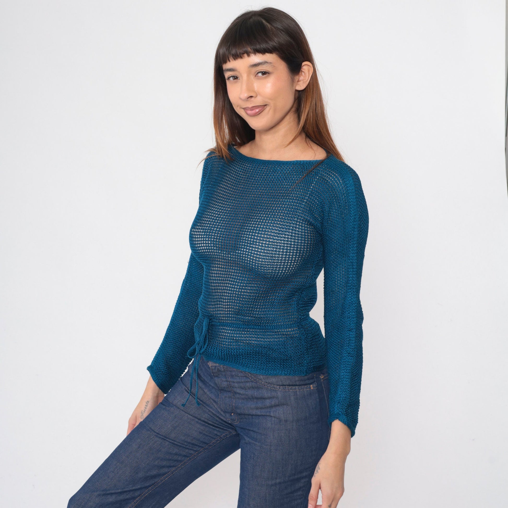 70s Missoni Sheer Mesh Knit Sweater Blue Boatneck Drawstring Waist Extra Small