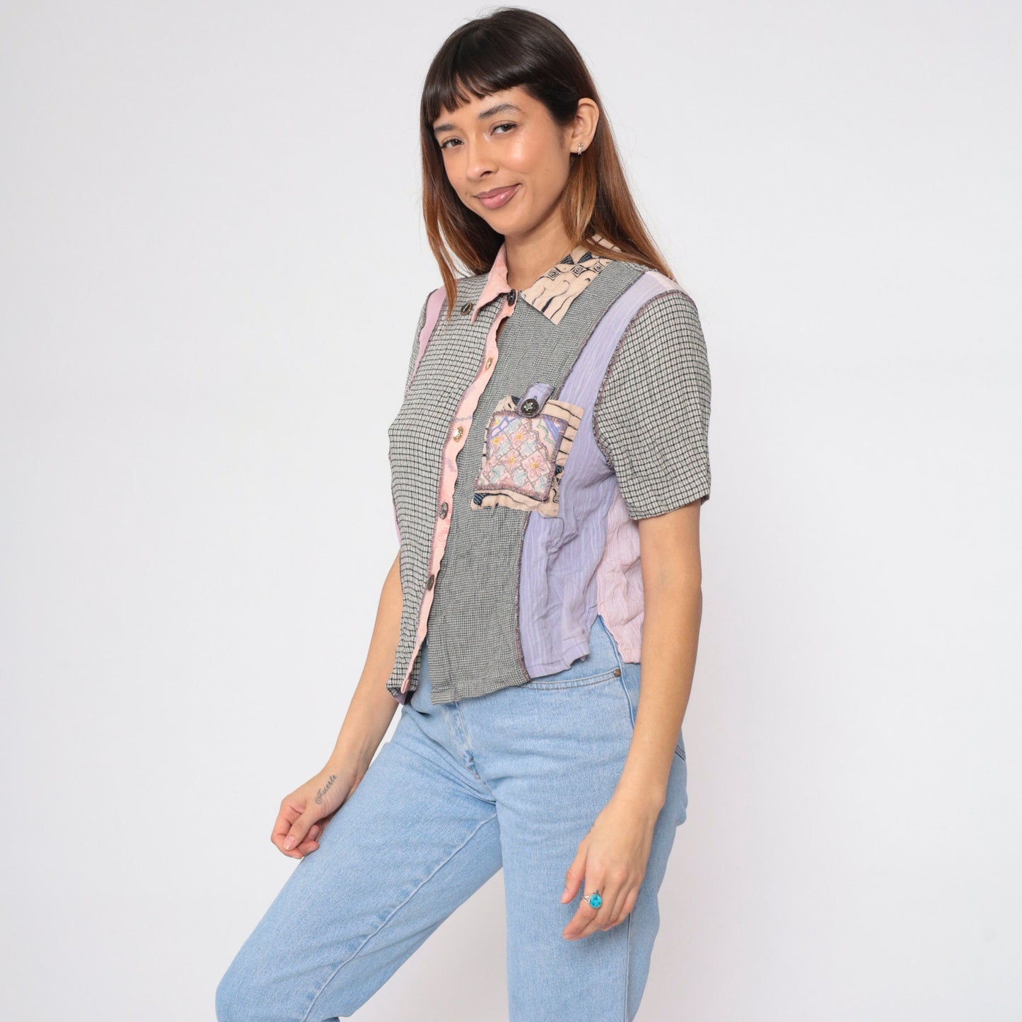 90s Mixed Print Button-Up Blouse Beaded Floral Embroidered Patchwork Small S