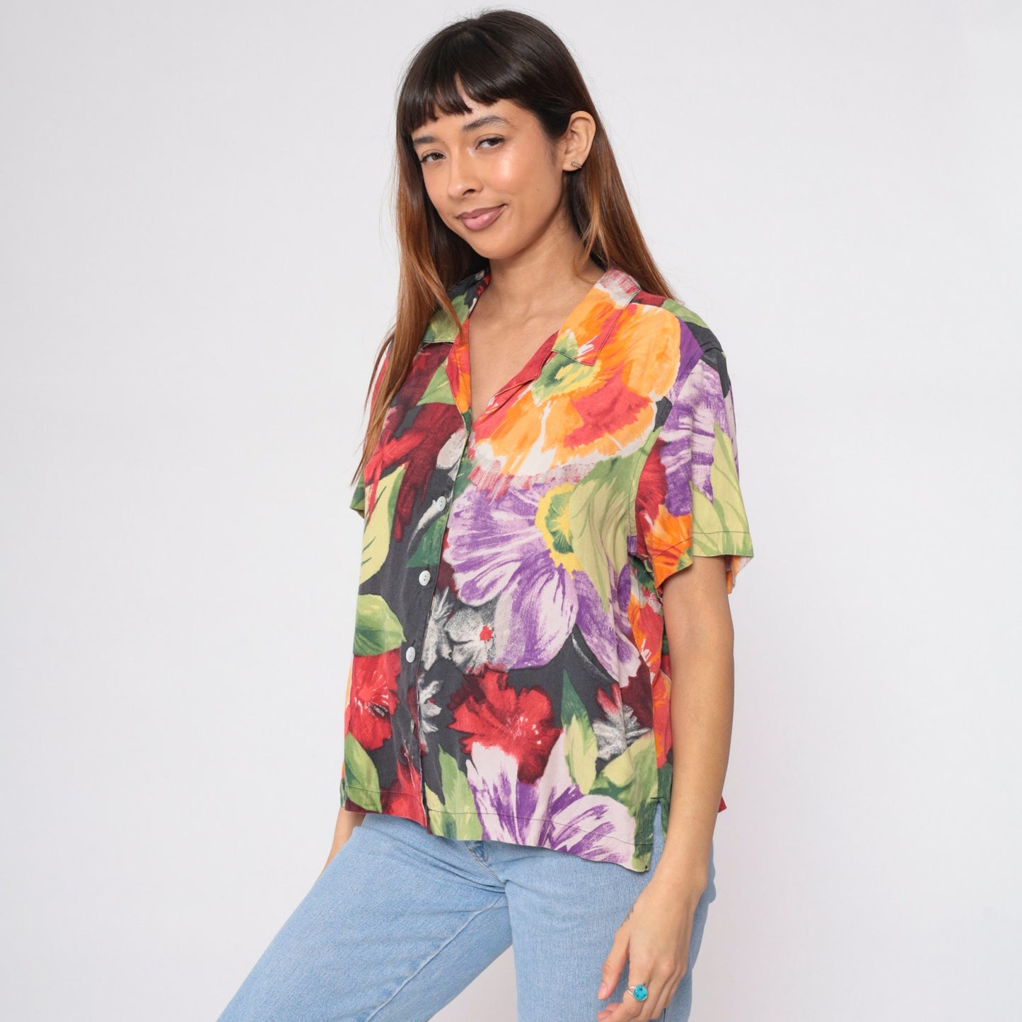 00s Caribbean Joe Silk Floral Button-Up Blouse Watercolor Print Extra Large