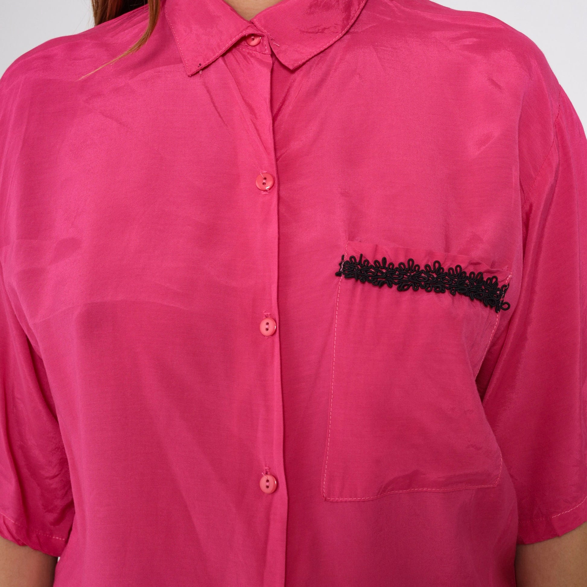 90s Hot Pink Button-Up Blouse Black Soutache Trim Short Sleeve Medium M