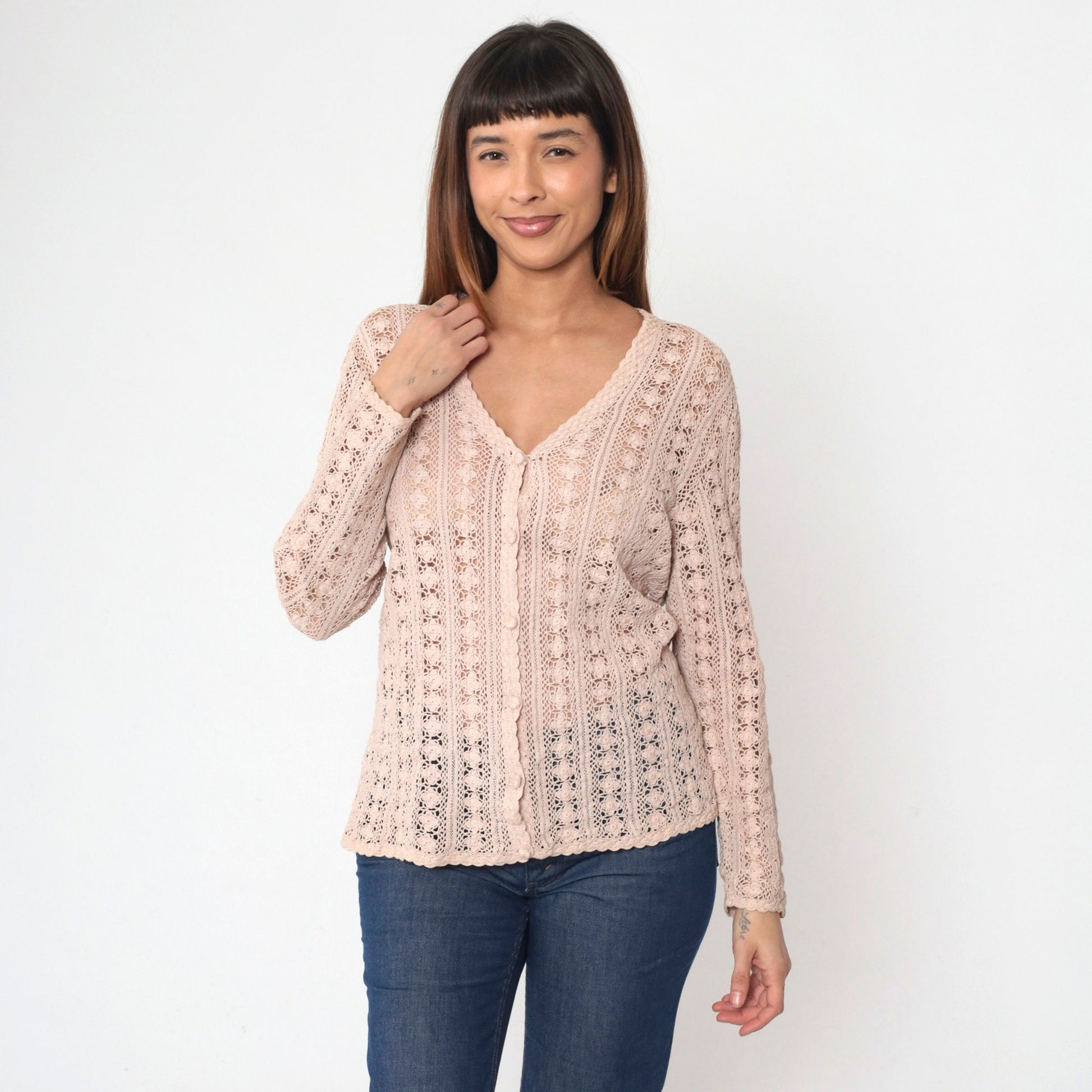 90s Blush Beige Crochet Cardigan Floral Cutout Cotton Knit Large